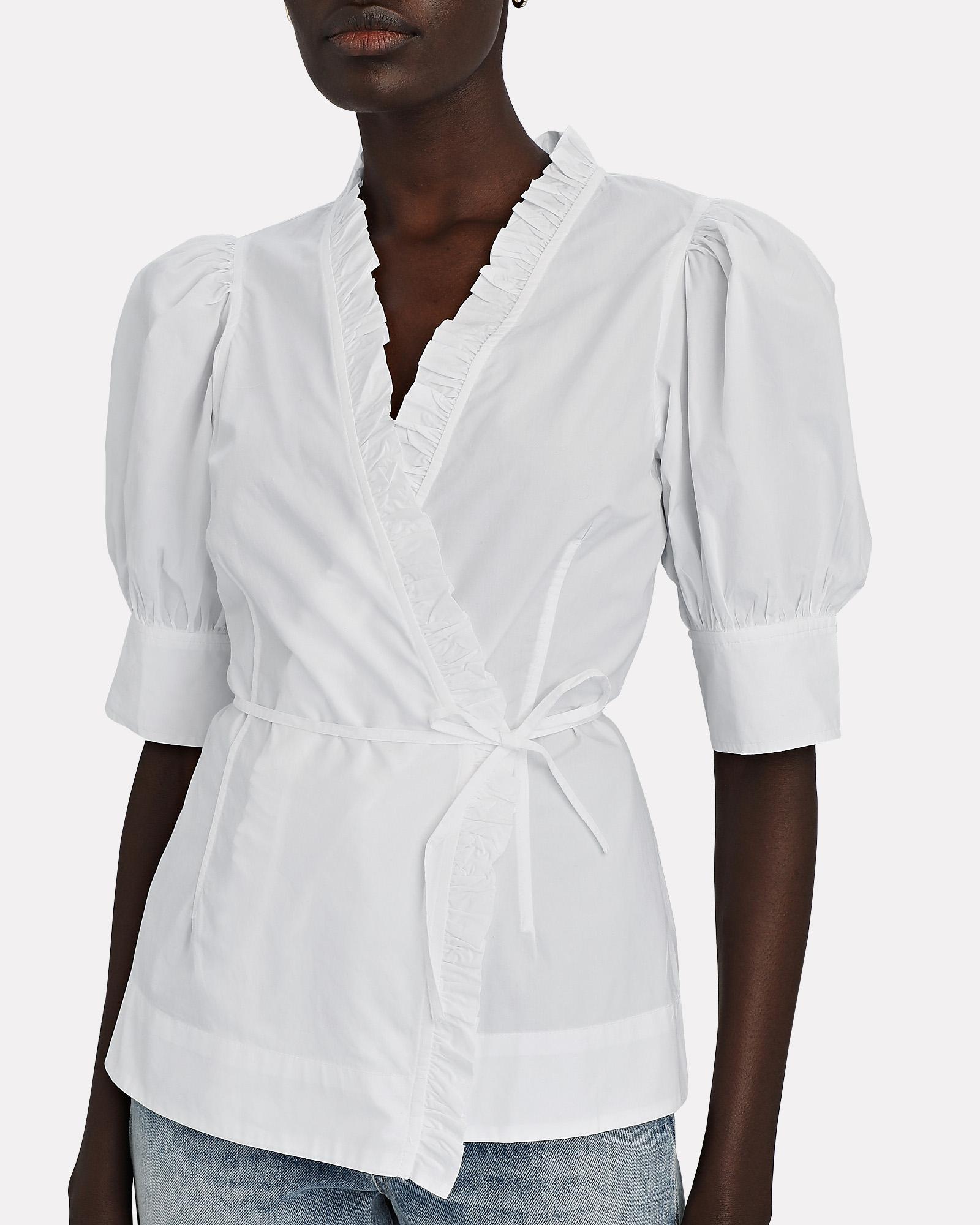 Ganni Ruffle Cotton Wrap Top in White 