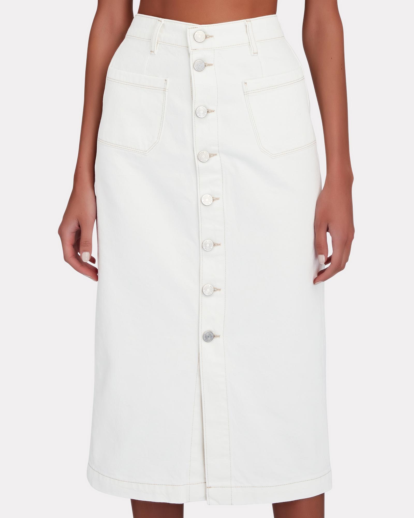 FRAME Le Bardot Denim Midi Skirt in White | Lyst