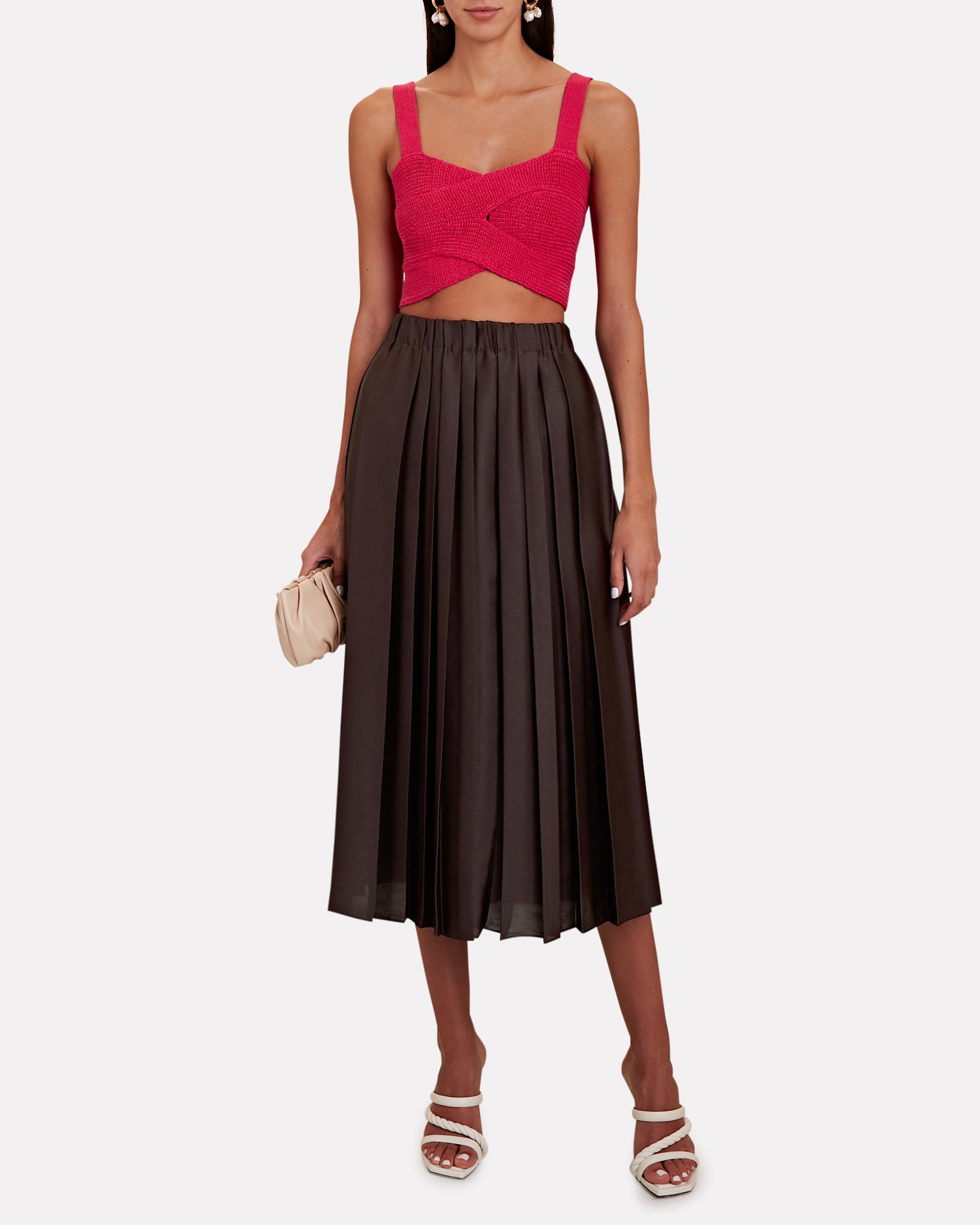 Tibi Feather Weight Pleated Satin Midi Skirt in Brown | Lyst