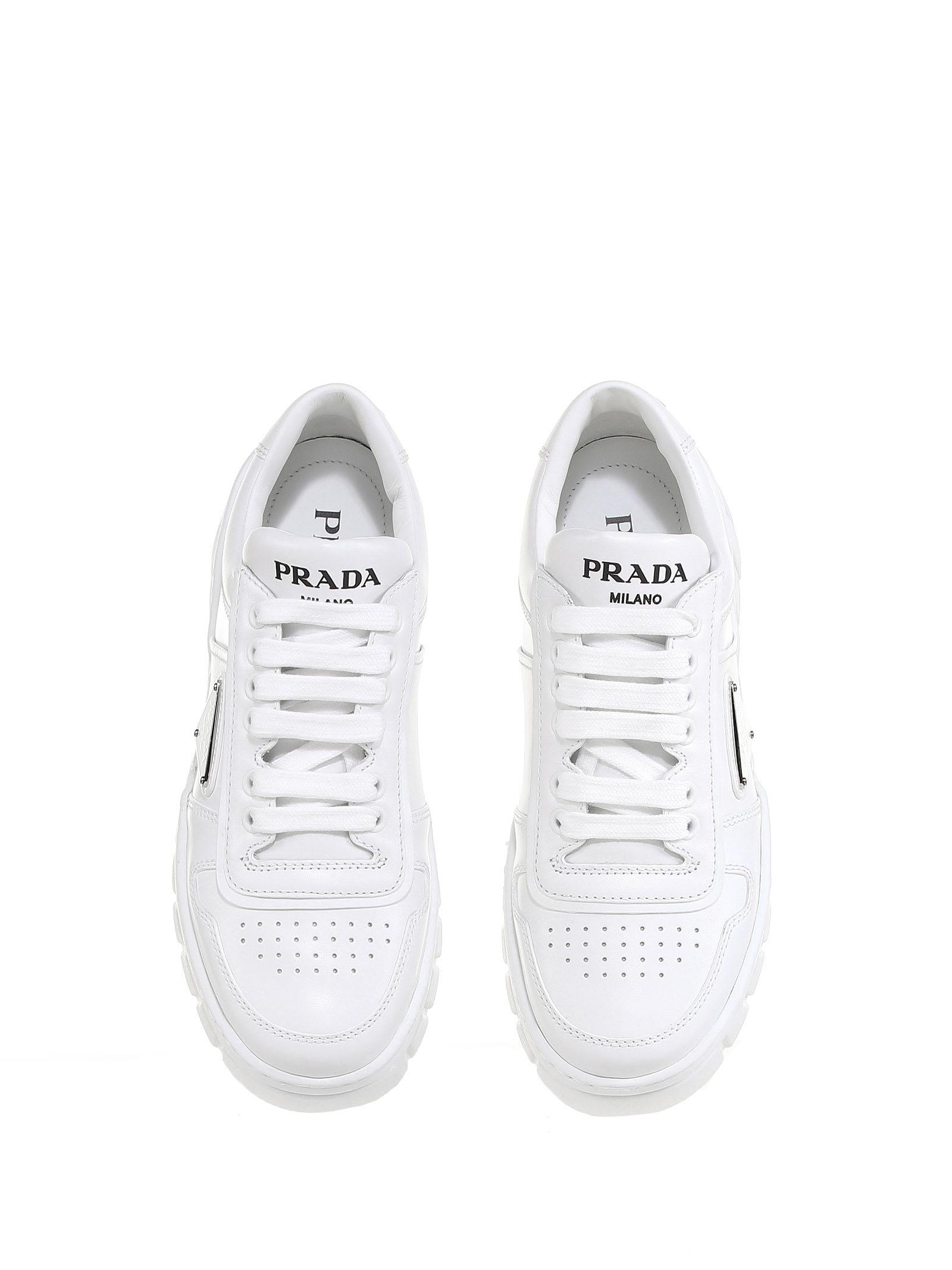 Prada Leather Sneaker With Geometric Sole in White | Lyst