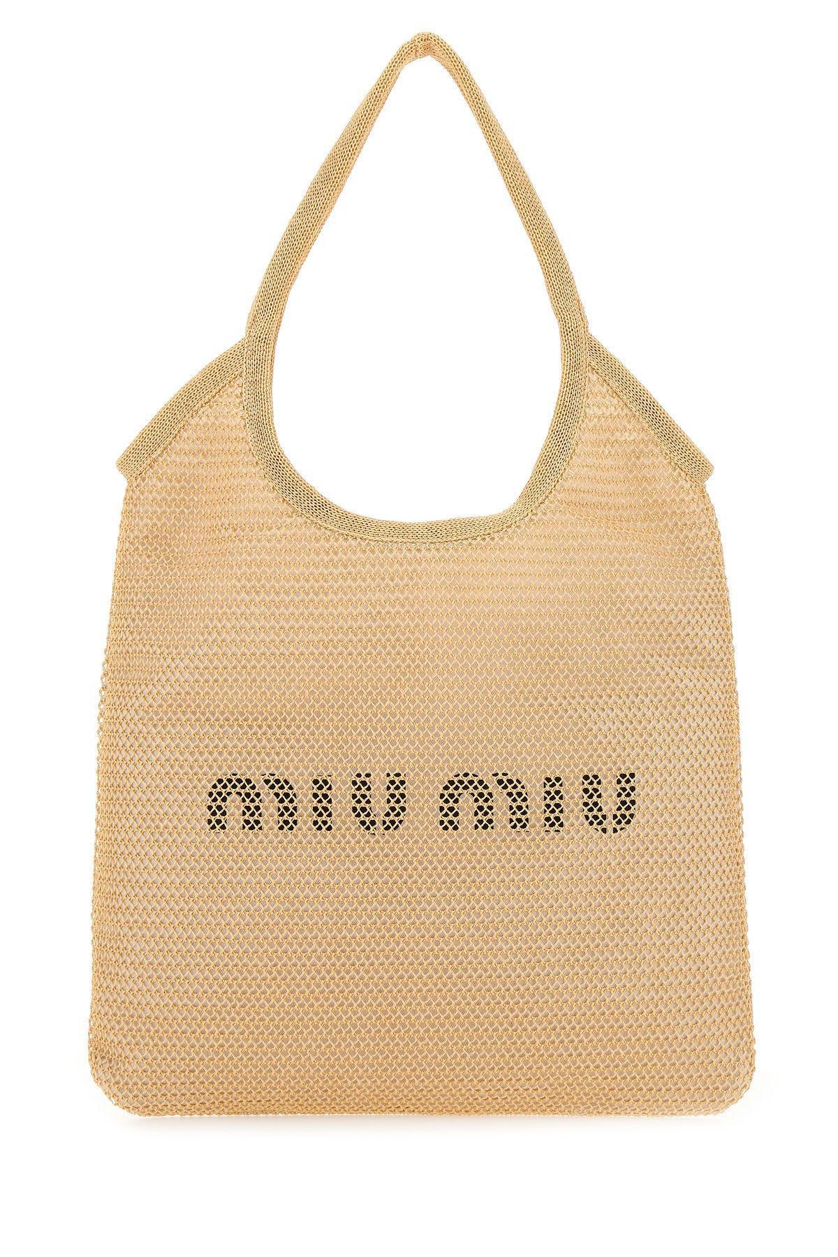 ■MiuMiu■ Crochet Raffia Tote Bag Natural Cognac 5BA283ADO1 Beige/cognac Raffia-effect Woven Tote Bag | Miu Miu