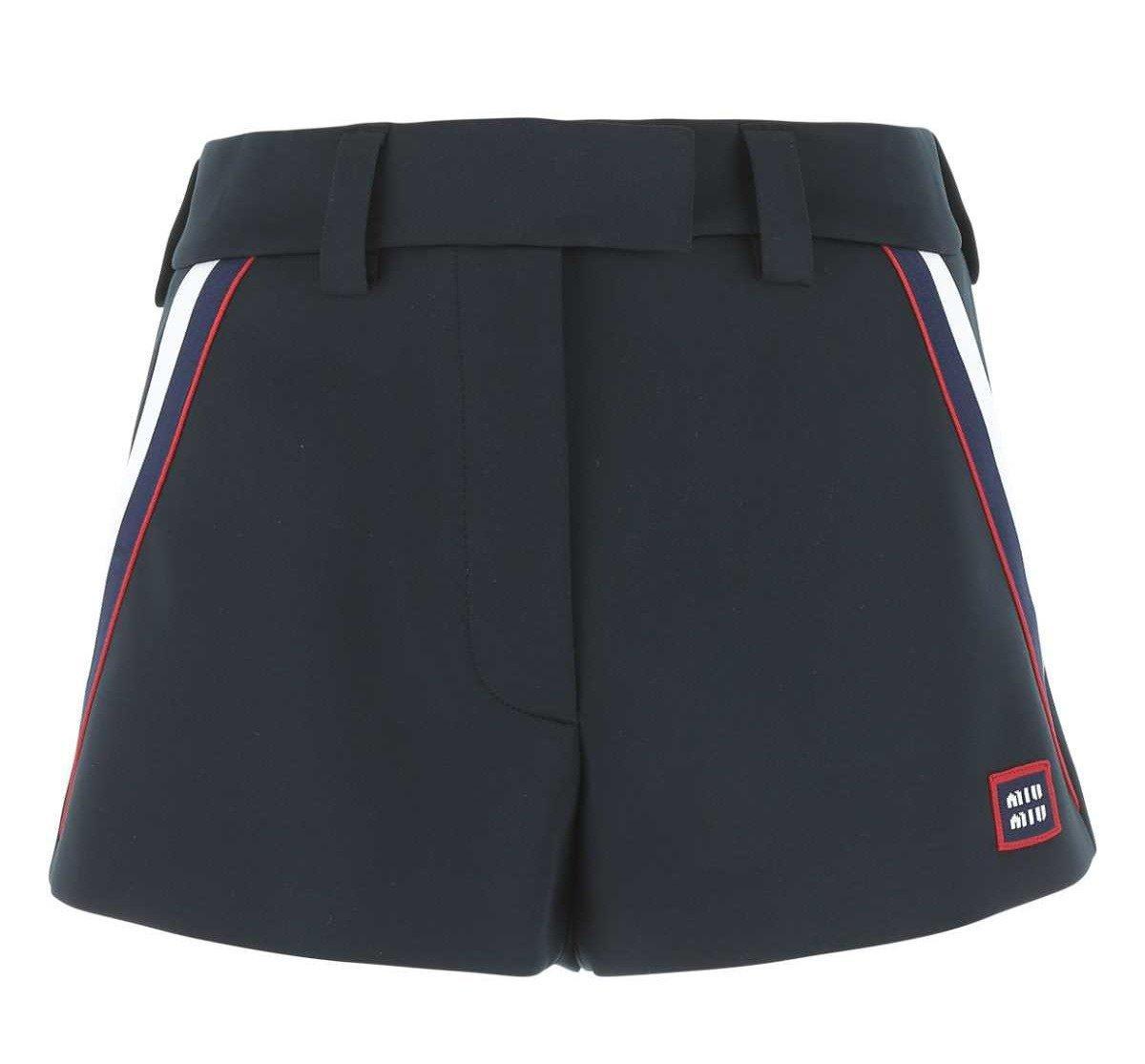 Miu Miu Synthetic Logo Embroidered Mini Shorts in Blue Save 12% Womens Clothing Shorts Mini shorts 