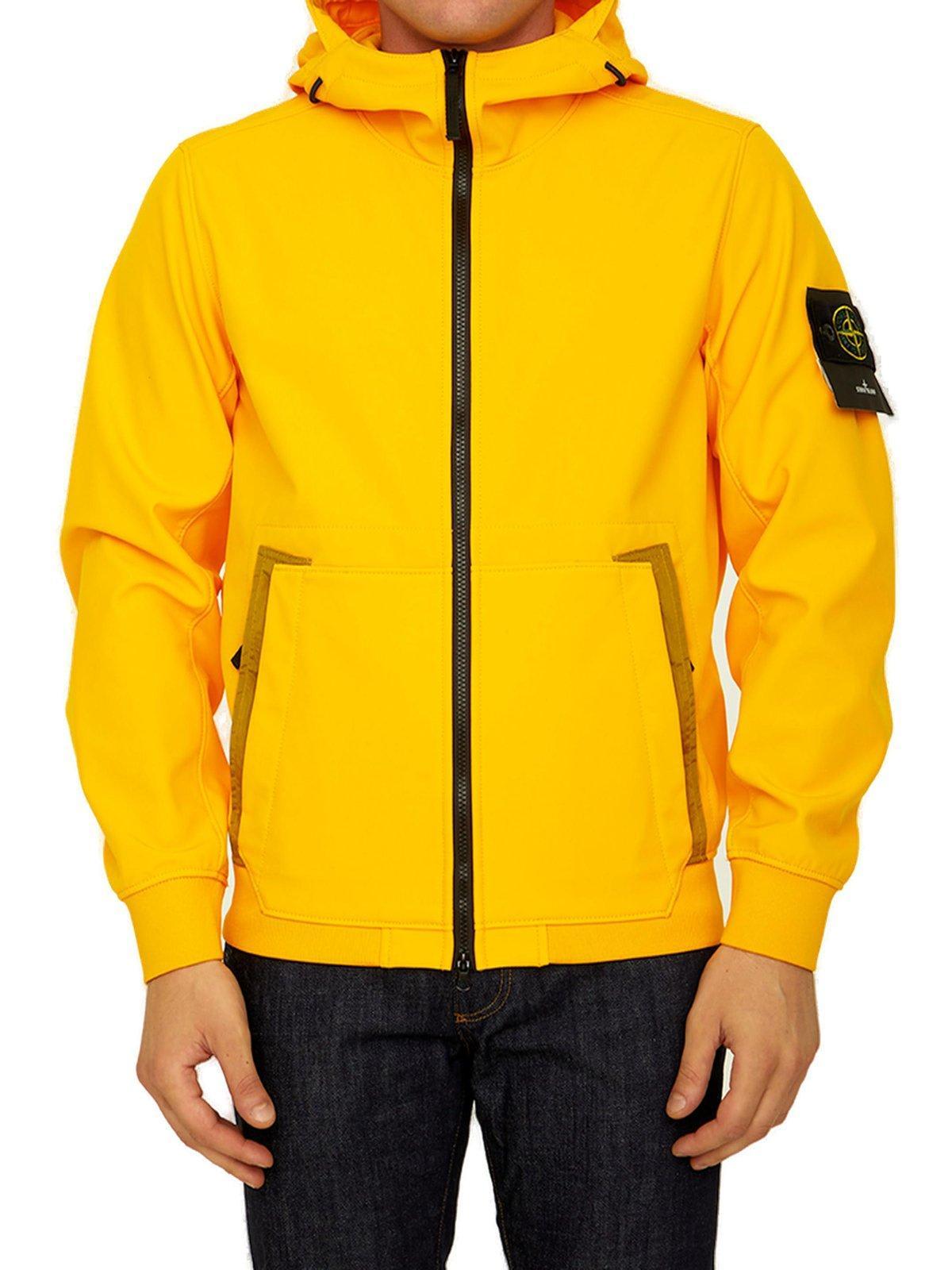 Stone Island Logo Patch Hooded Zip-up Jacket in Yellow for Men | Lyst