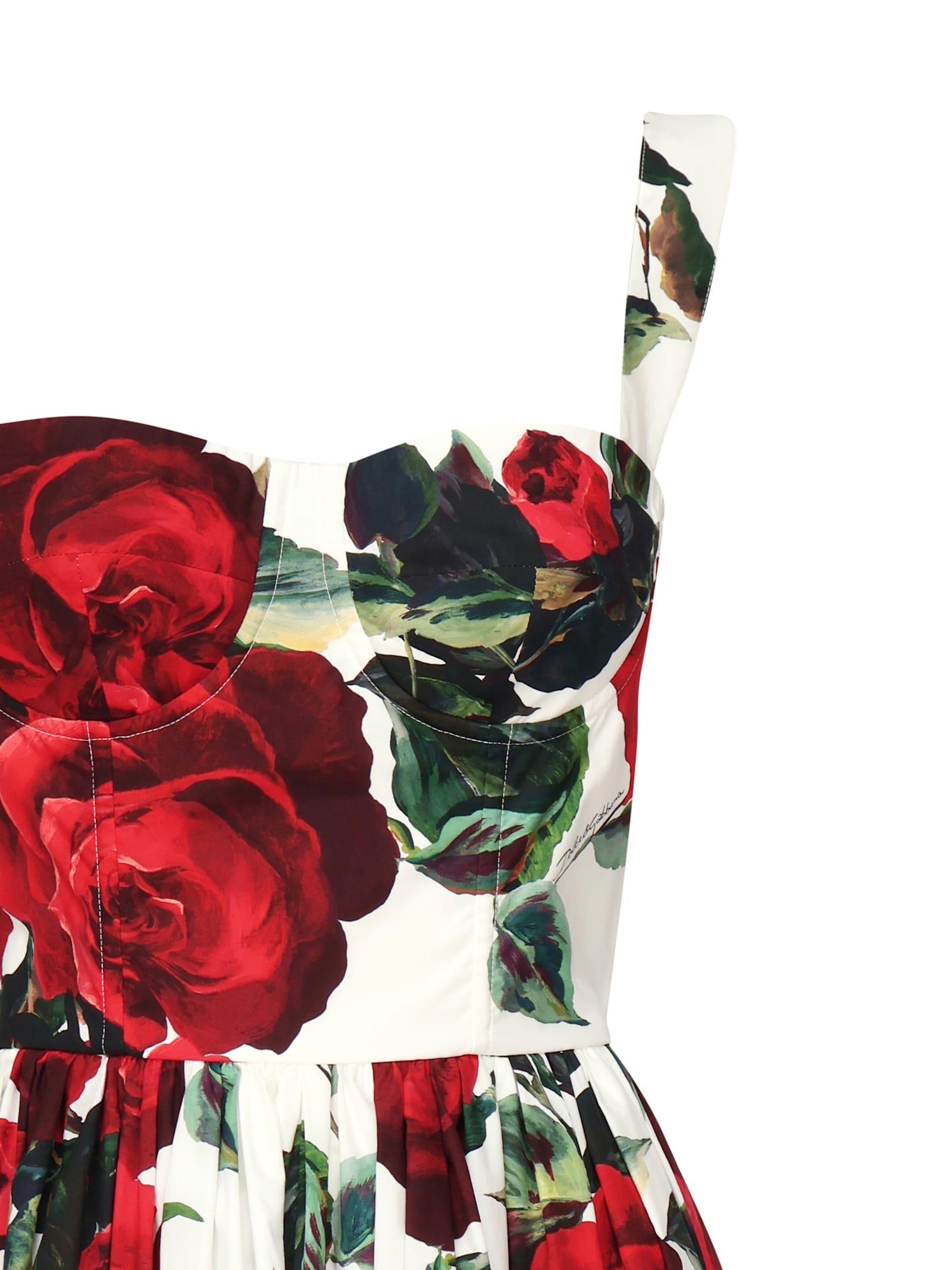 Dolce & Gabbana Rose Print Midi Dress in Red | Lyst
