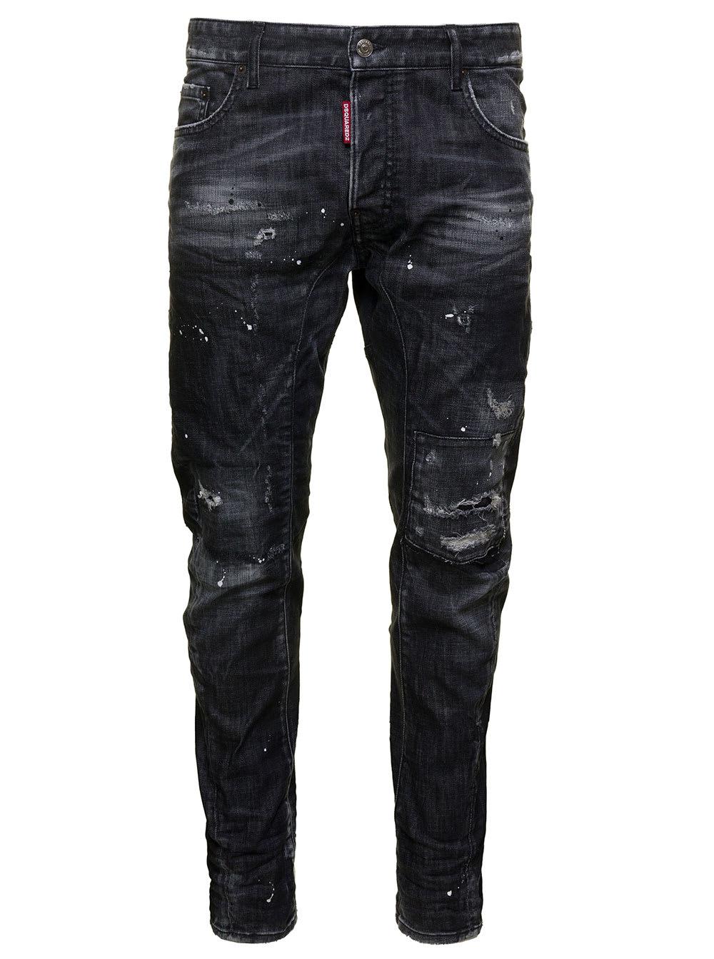 DSquared² 'tidy Biker' Jeans With Rips And Paint Stains In Stretch