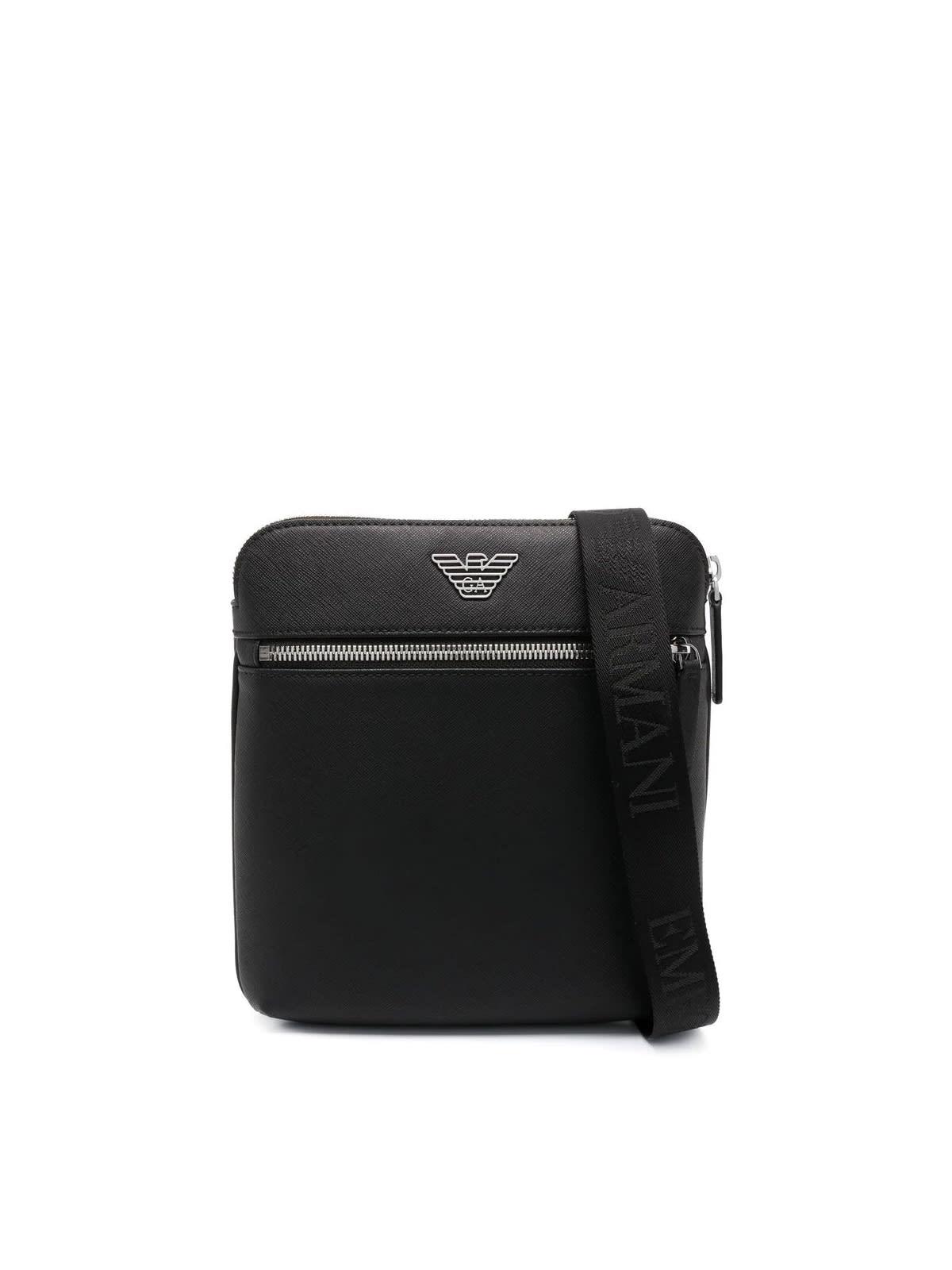 Emporio Armani Leather Small Flat Messenger Bag in Black Black (Black