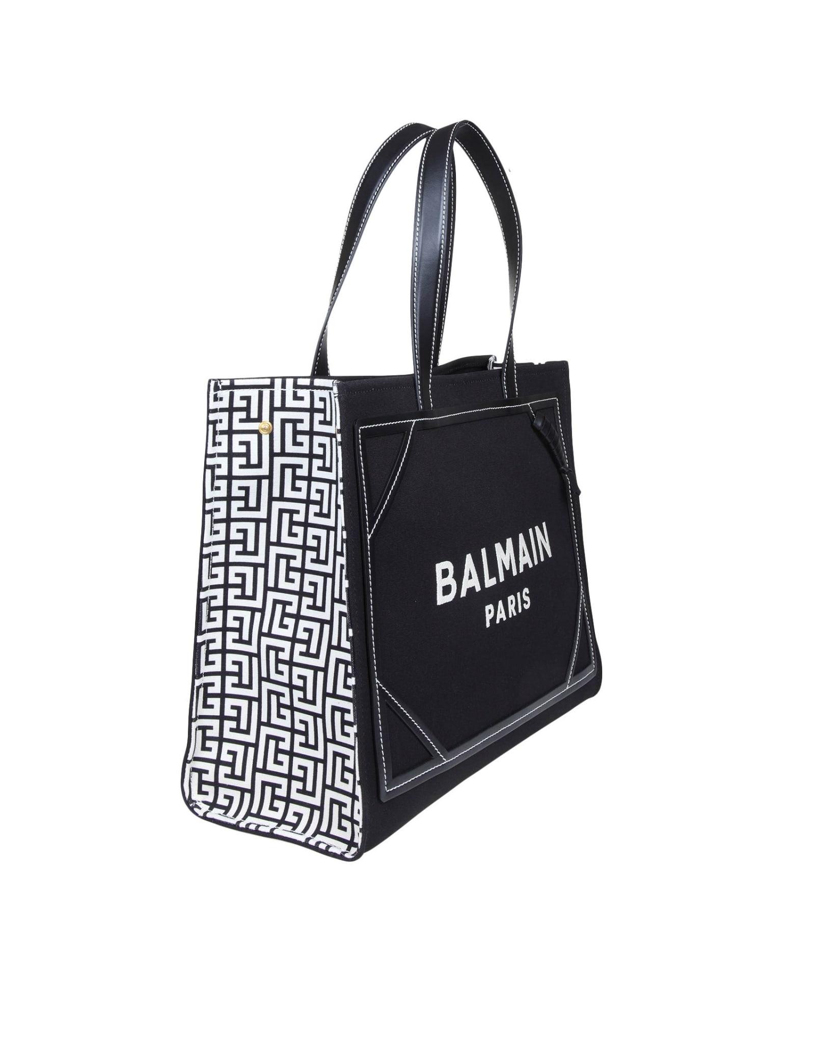 Balmain B-army Medium Logo Shopper Tote In Black White