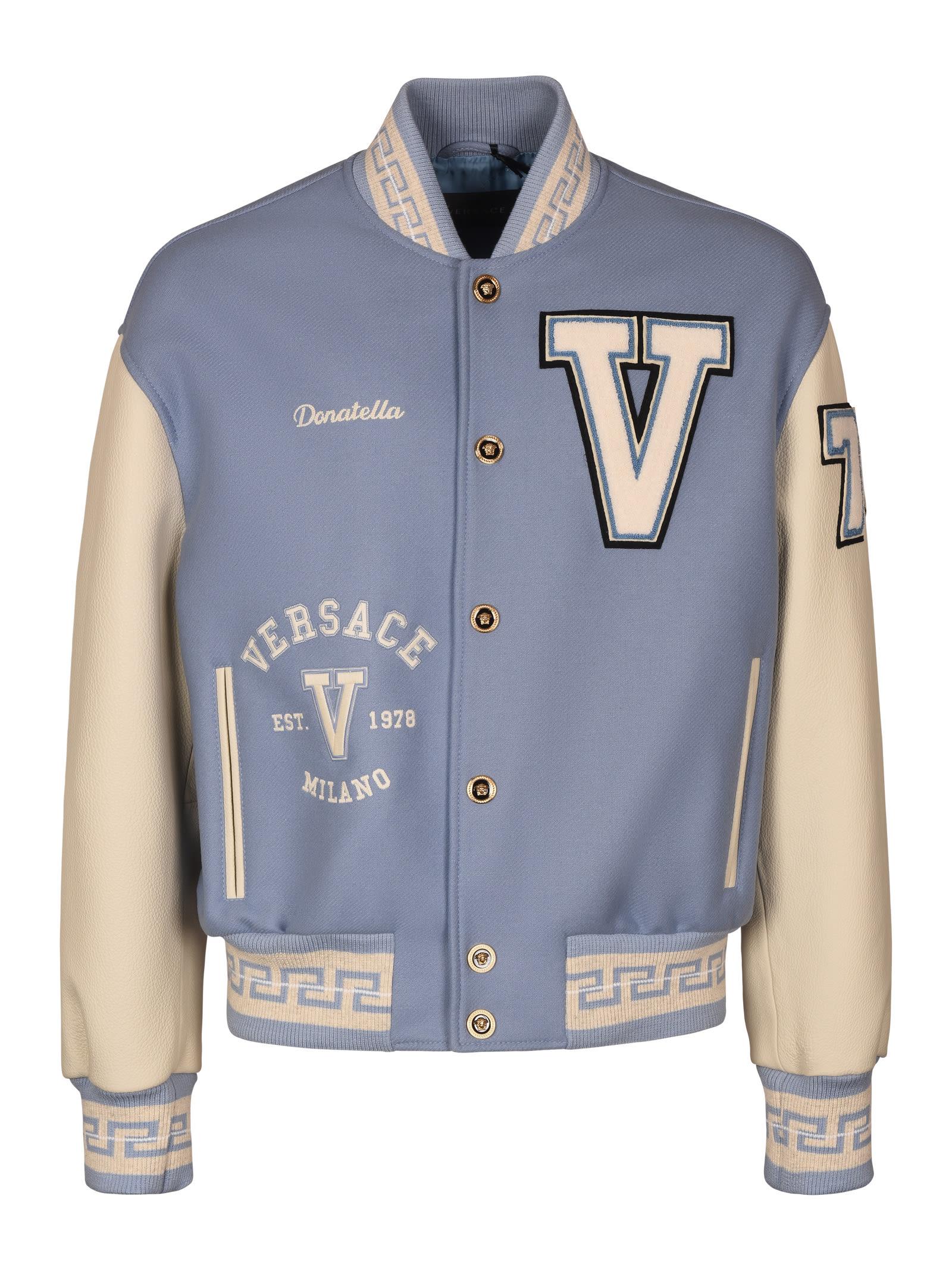 Versace Logo Patched Varsity Jacket in Blue for Men