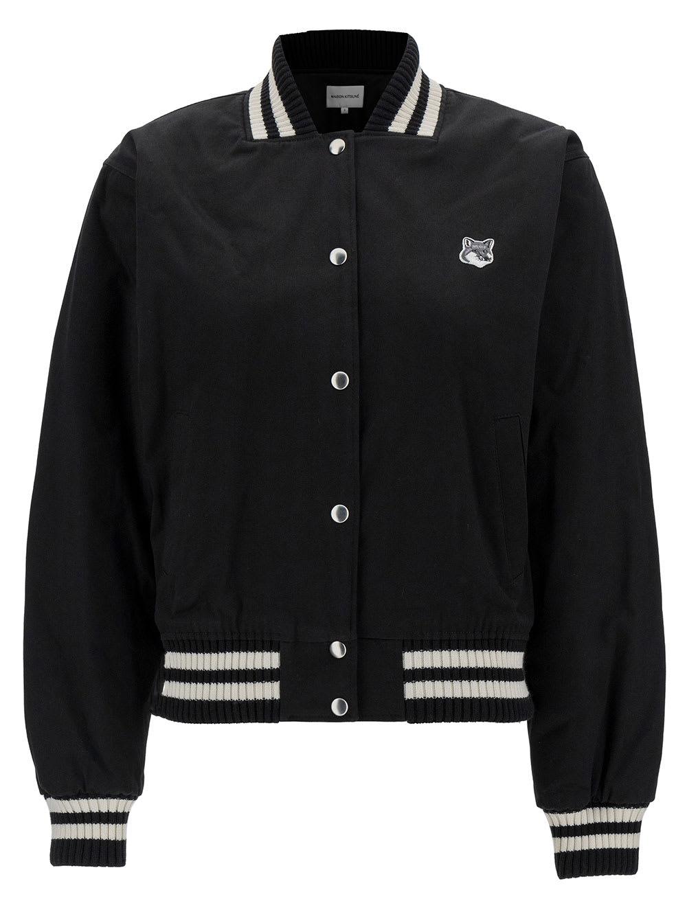 Maison Kitsuné Black Varsity Jacket With Fox Head Patch In Cotton