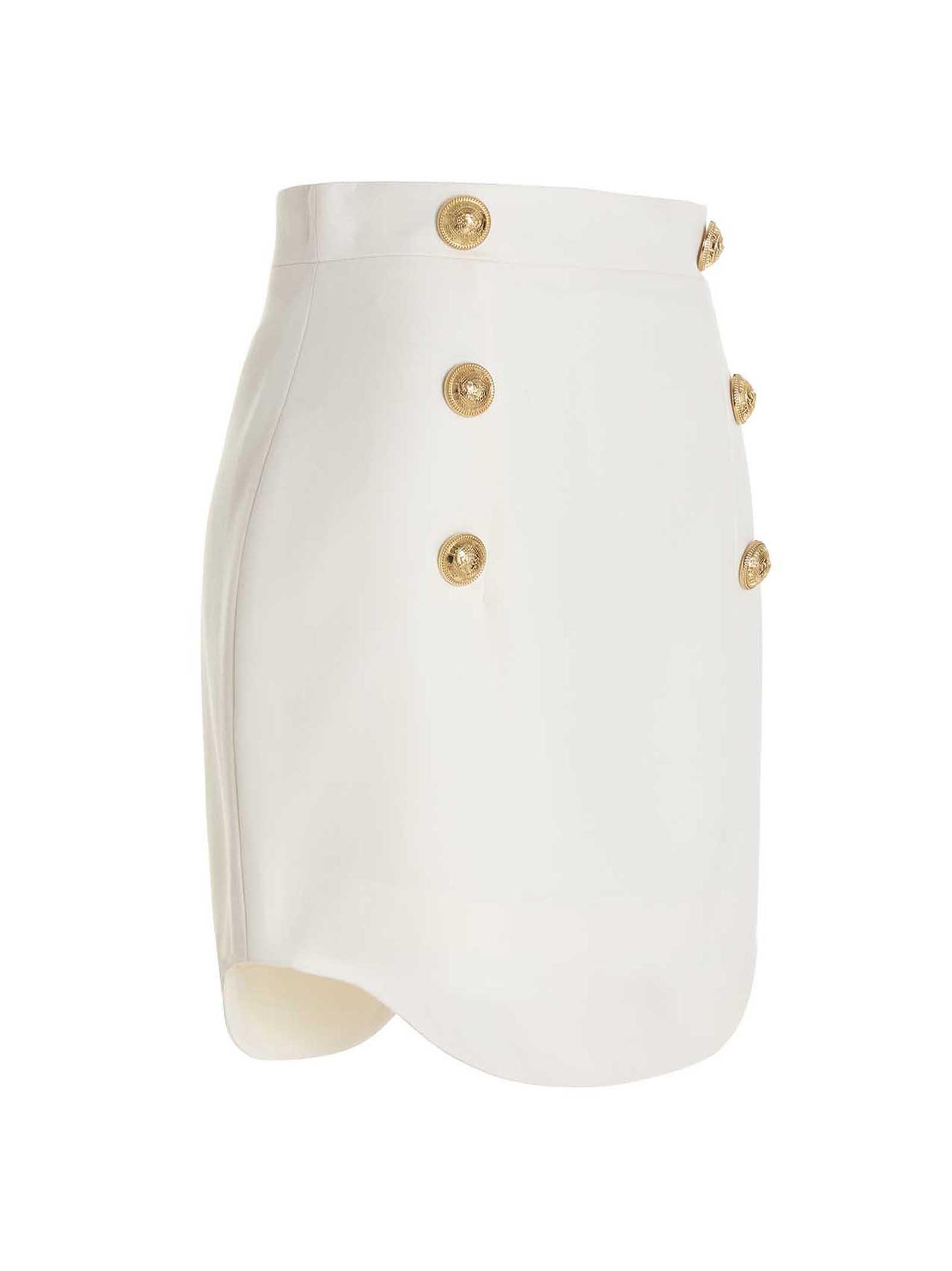 Balmain Gold Button Wool Skirt in White | Lyst