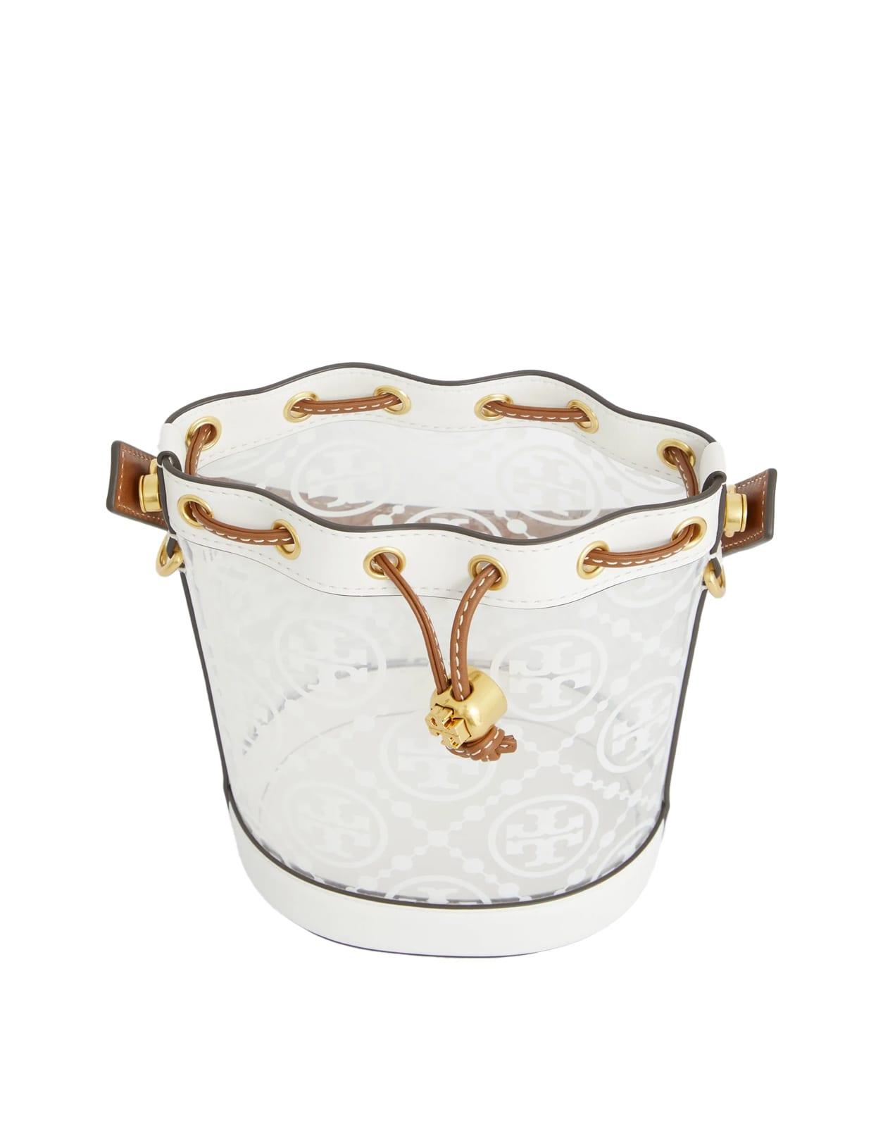 Tory Burch Transparent Pvc T Monogram Small Bucket Bag in White