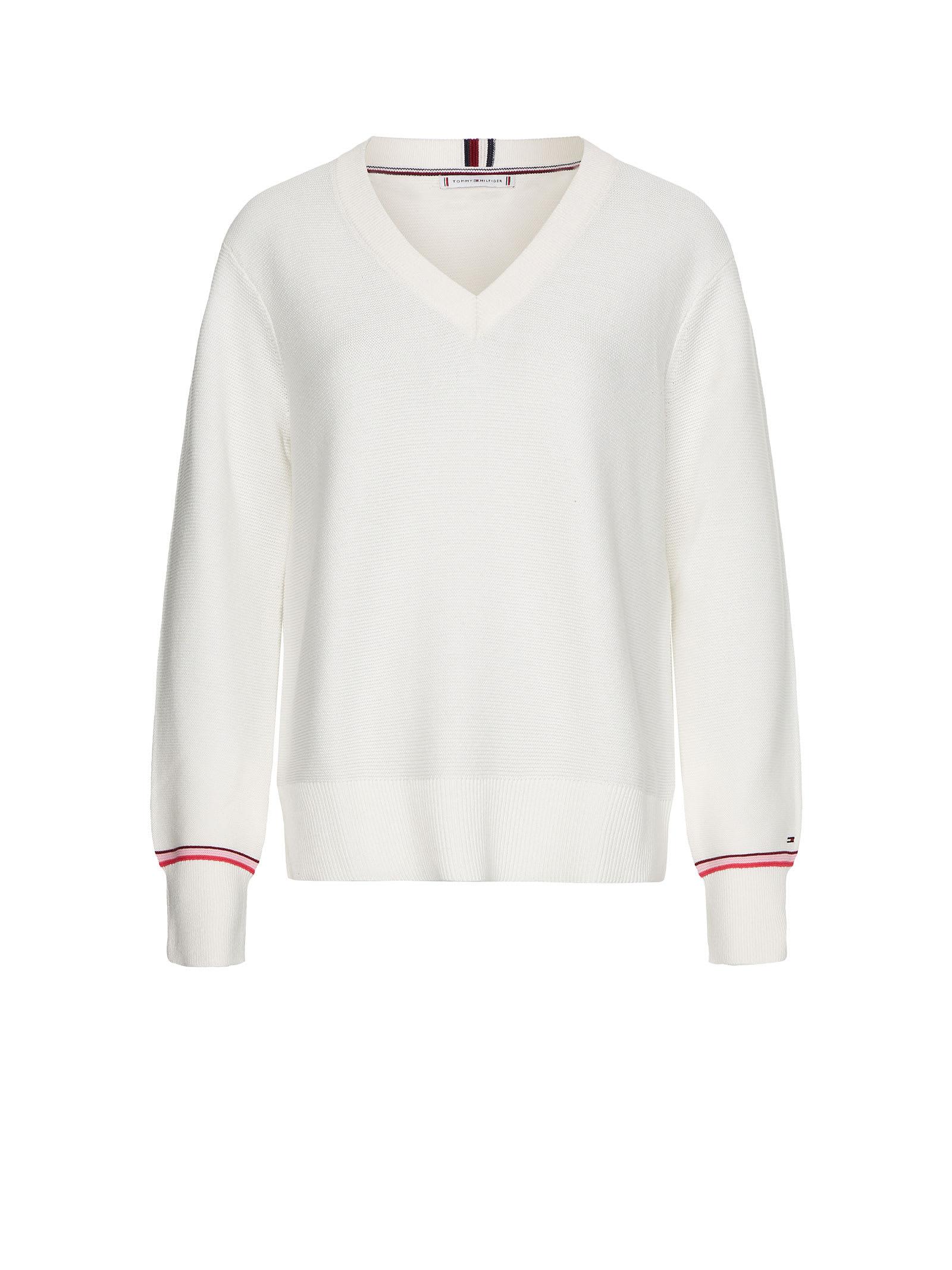 Tommy Hilfiger Logo Detailed V-neck Sweater in White | Lyst
