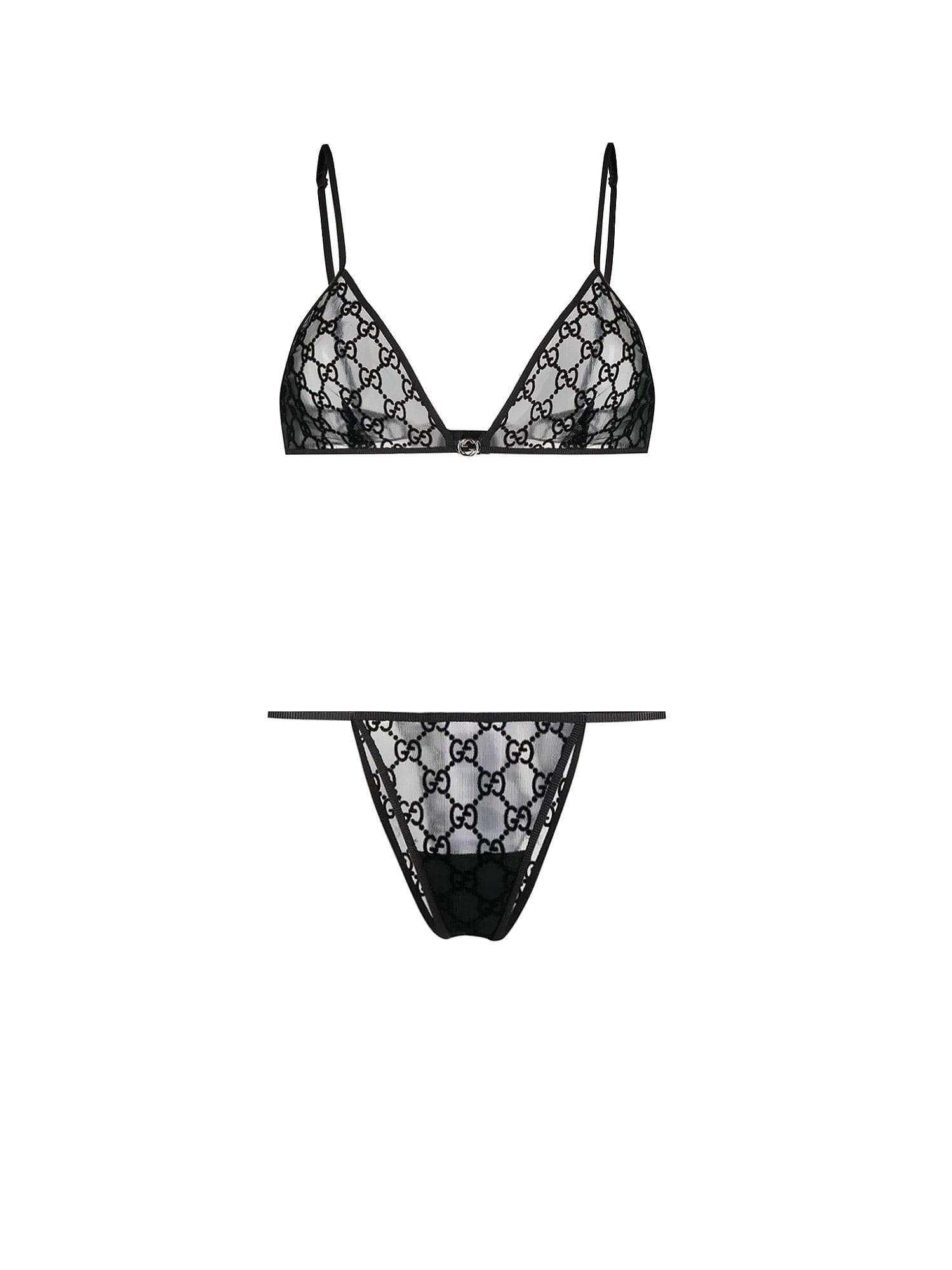 Gucci GG-embriodered Tulle Lingerie Set in Black