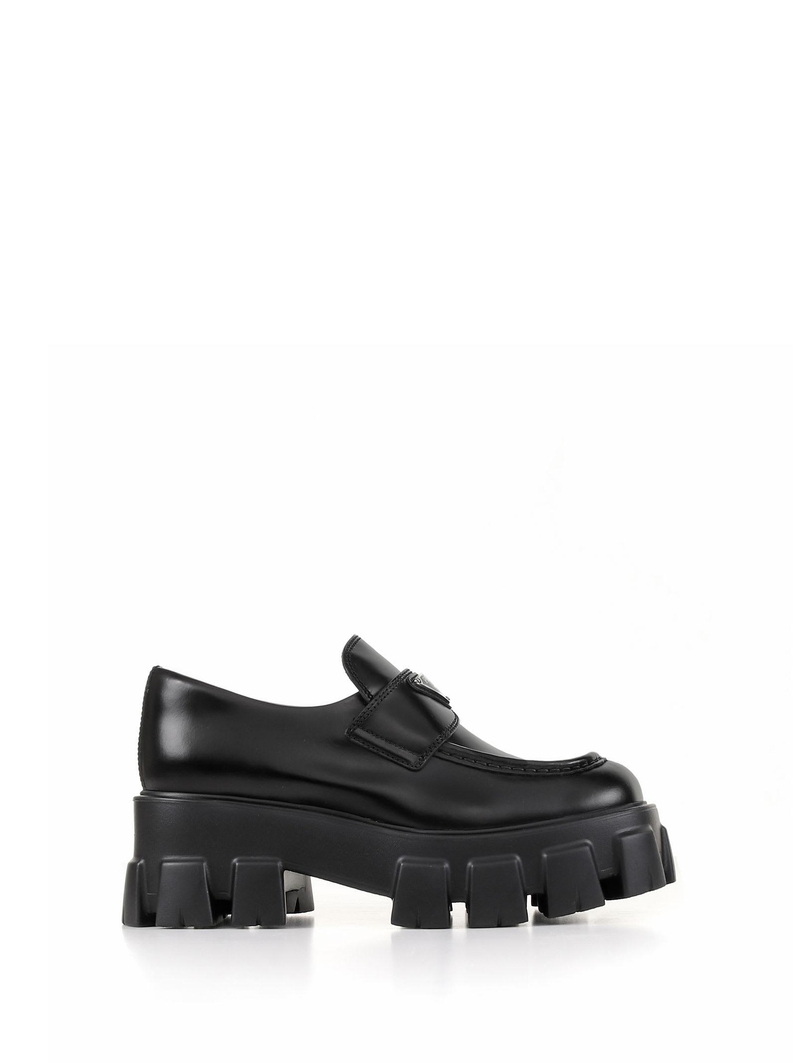 Prada Monolith Leather Loafers in Black | Lyst