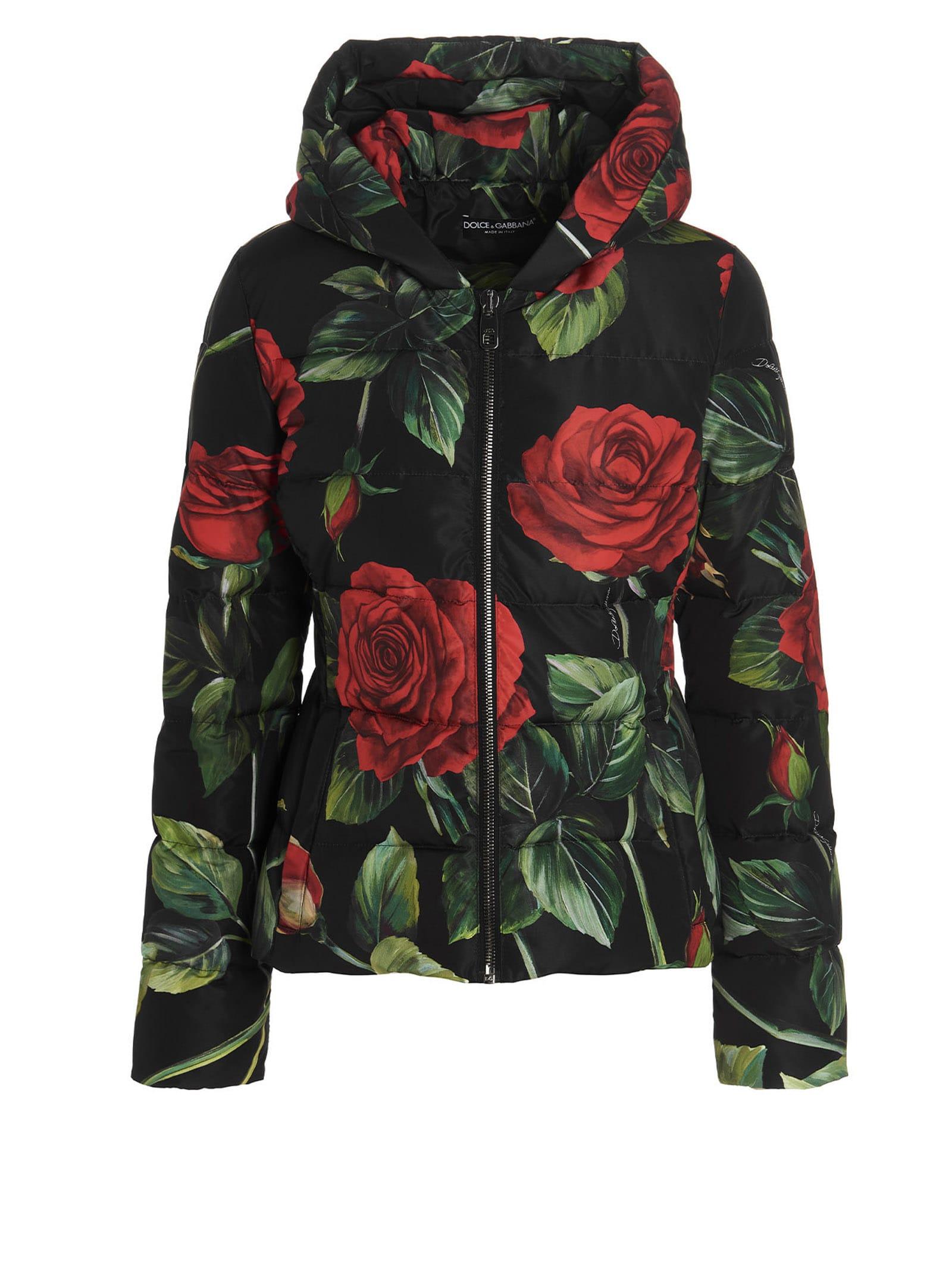 Dolce & Gabbana Rose Print Hooded Puffer Jacket in Black | Lyst