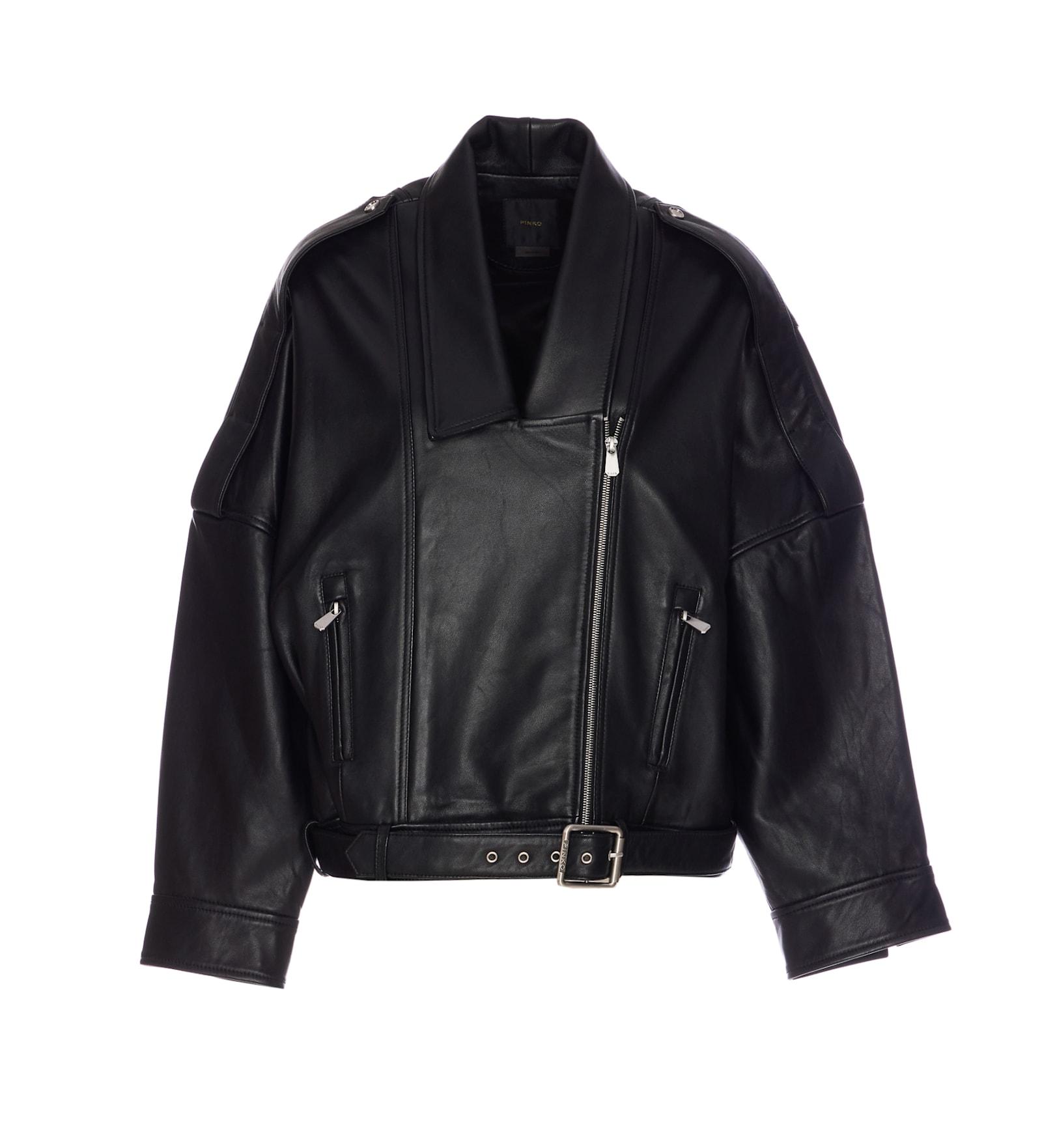 レザージャケット・コート PINKO CONFINE BIKER JACKET WITH BELT Pinko Confine Biker Jacket With Belt in Black | Lyst