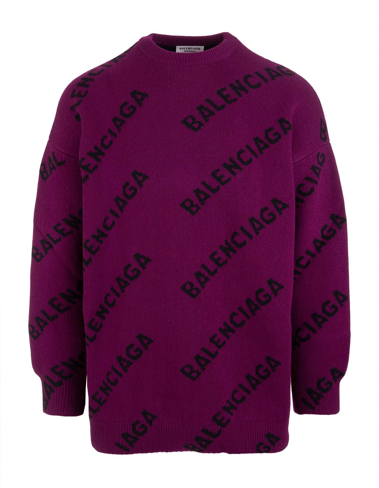 Balenciaga Woman Purple Oversized Sweater With All-over Black Logo - Women  | Lyst