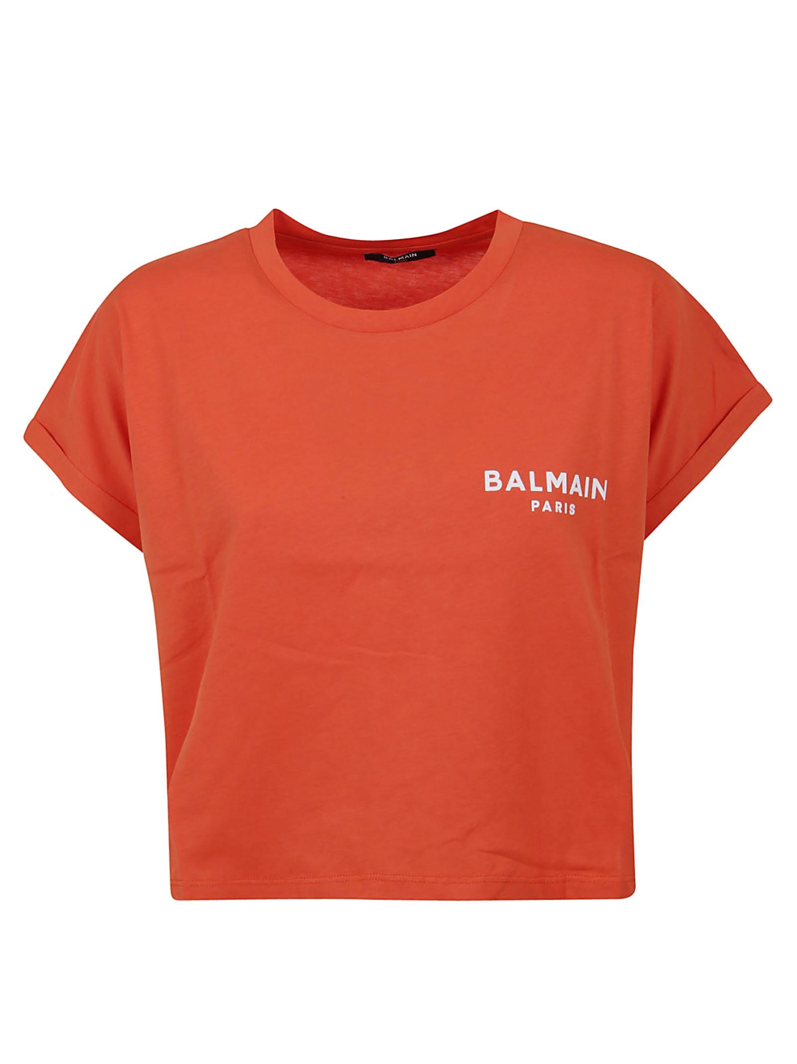 Balmain Cropped Ss Flock Detail T-shirt - Loose - Women in Orange | Lyst