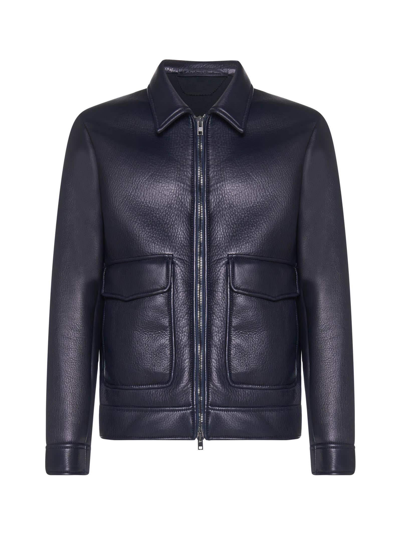 for Men Salvatore Santoro Leather Overcoat in Dark Blue Mens Clothing Coats Long coats and winter coats Blue 