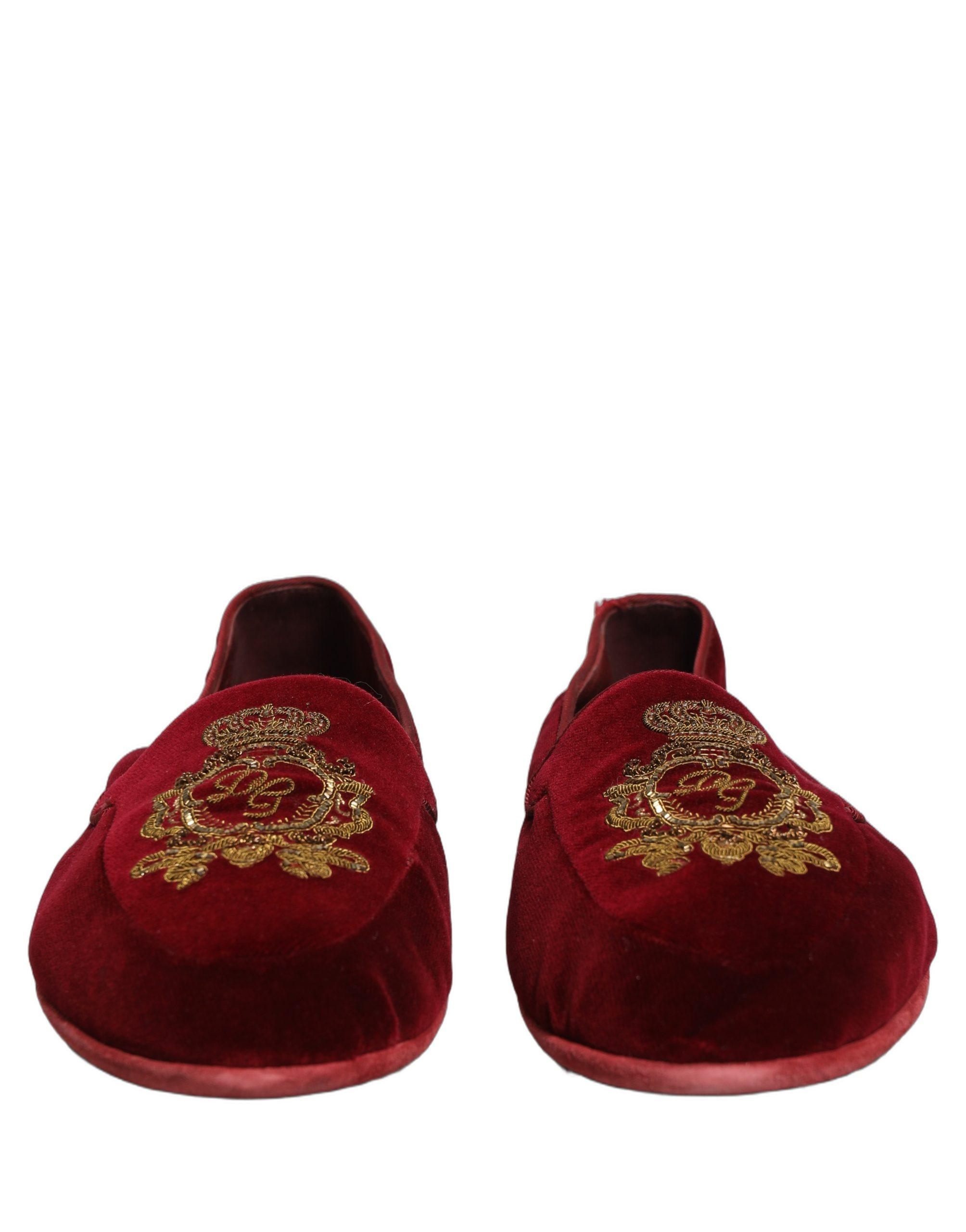 Dolce & Gabbana Maroon Velvet Slip On Men Flats Loafers Men\'s Shoes Dolce & Gabbana Red Coat Of Arms Embroidery Velvet Slippers  main image 2