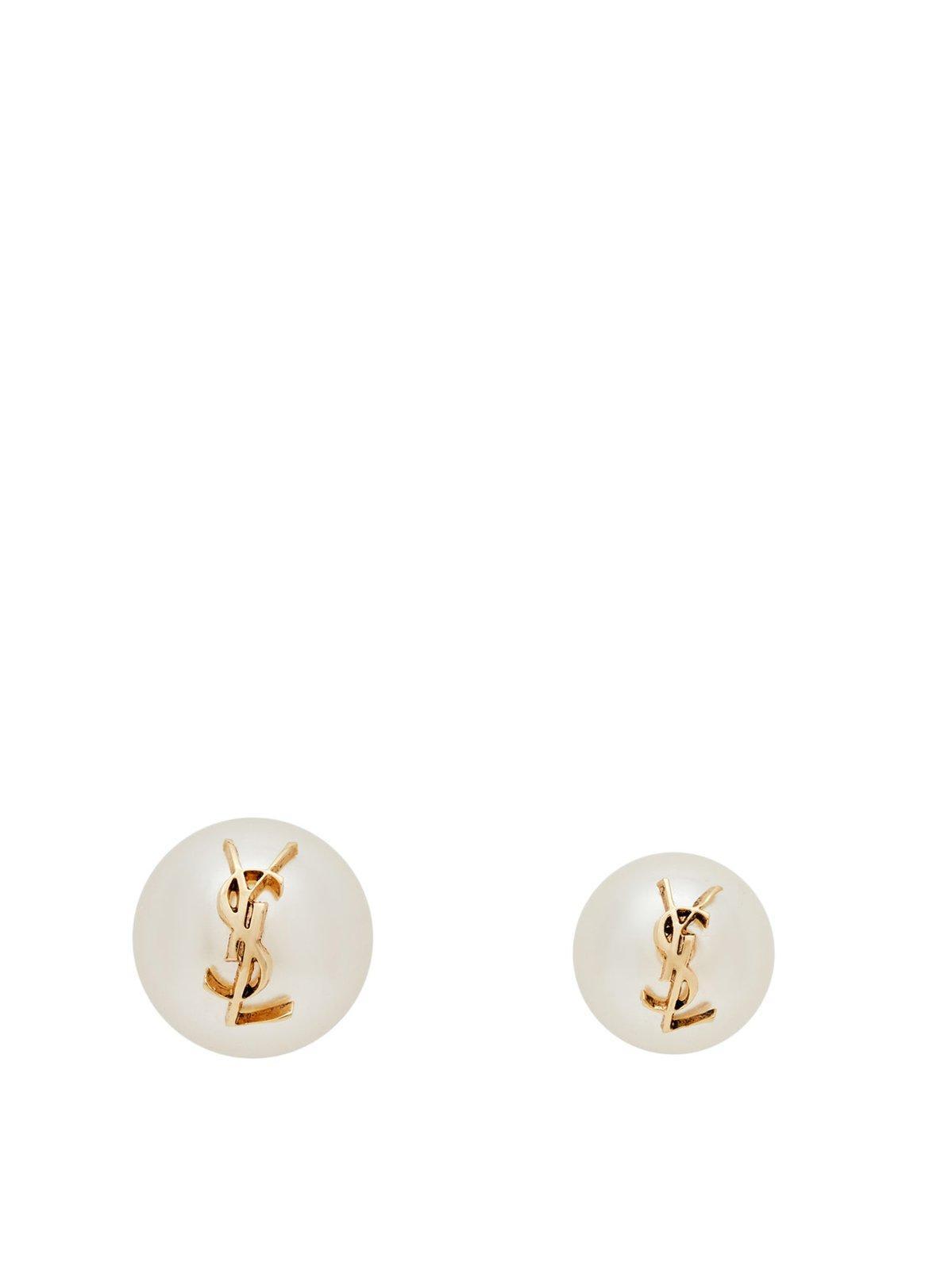 Saint Laurent Asymmetrical Metal Earrings With Pearls And Logo in