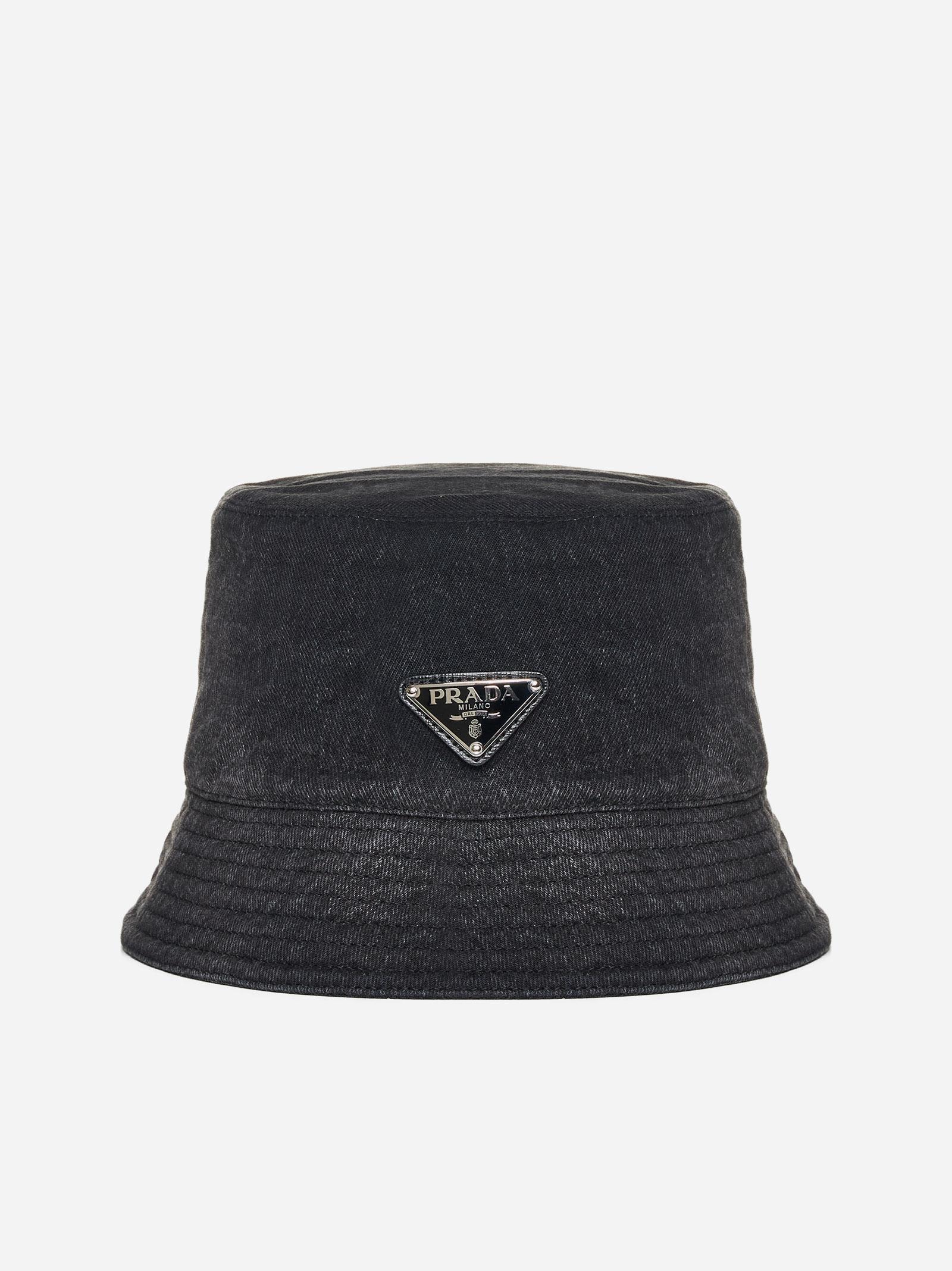 Prada Logo-plaque Denim Bucket Hat in Black for Men | Lyst