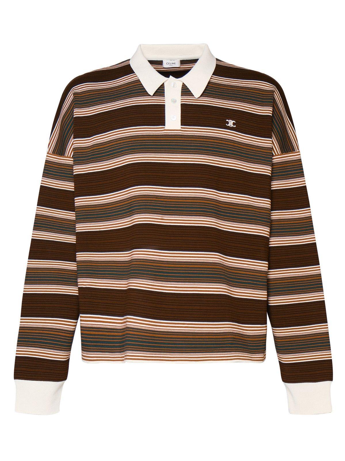 Celine Logo-Embroidered Striped Polo Shirt in Brown for Men | Lyst