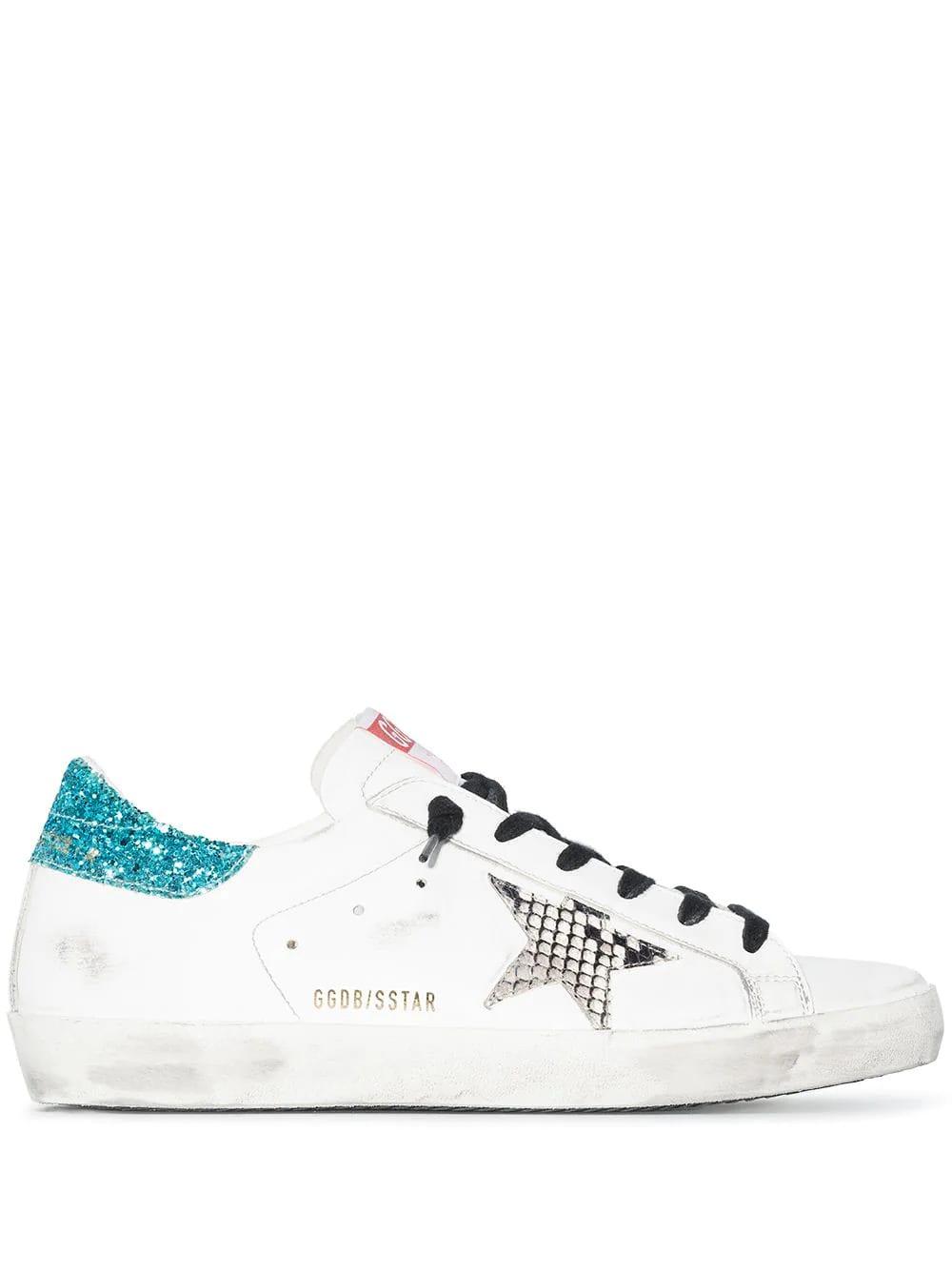 Golden Goose Woman White Super-star Sneakers With Black Laces, Python Printed  Star And Aquamarine Glittered Spoiler | Lyst