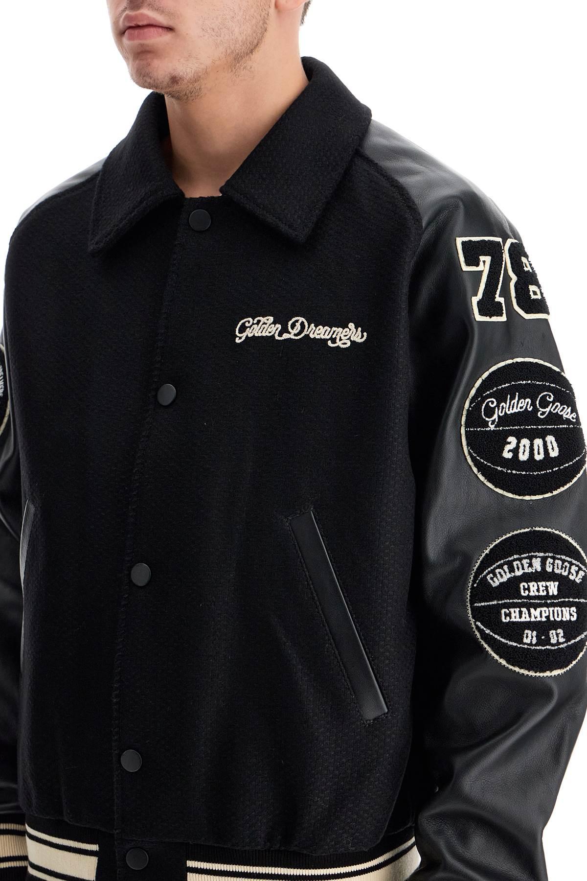 ブルゾン Golden Goose Bomber In Lana Con Logo Men's bomber jacker in blue wool and black leather | Golden