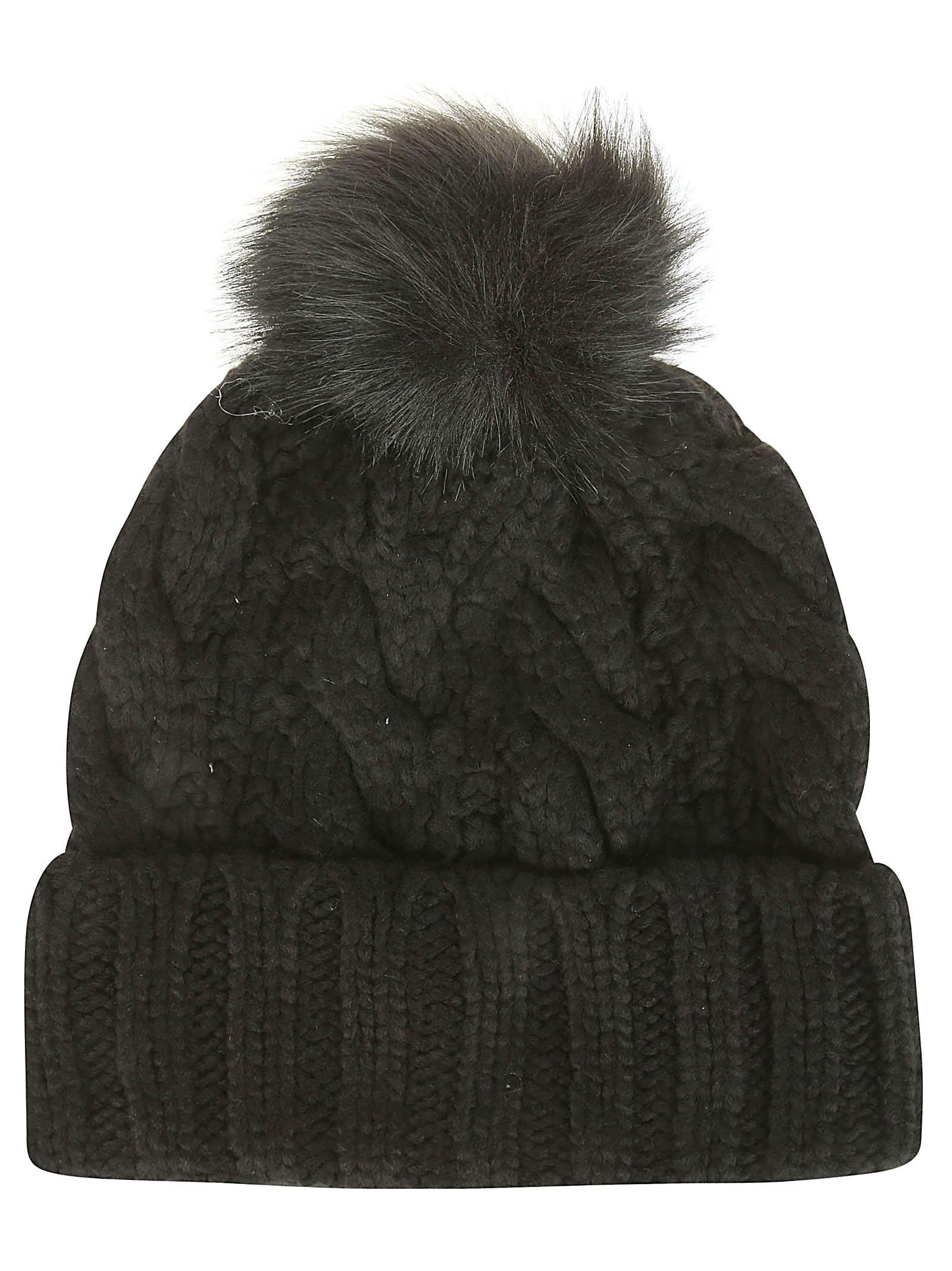 UGG W Knit Cable Hat W F Fur Pom Black | Lyst