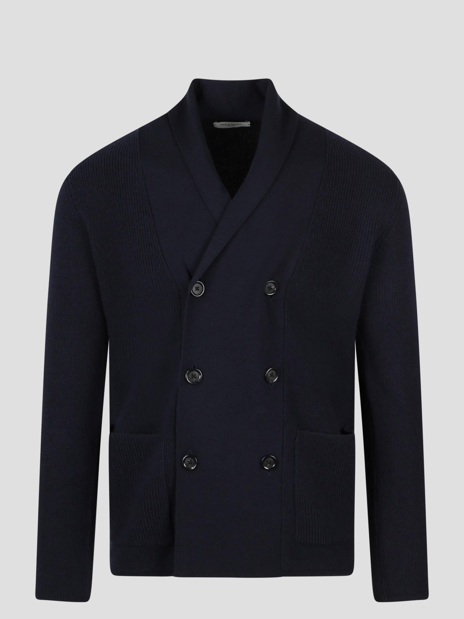 Paolo Pecora Double-breasted Wool Knit Cardigan in Blue for Men