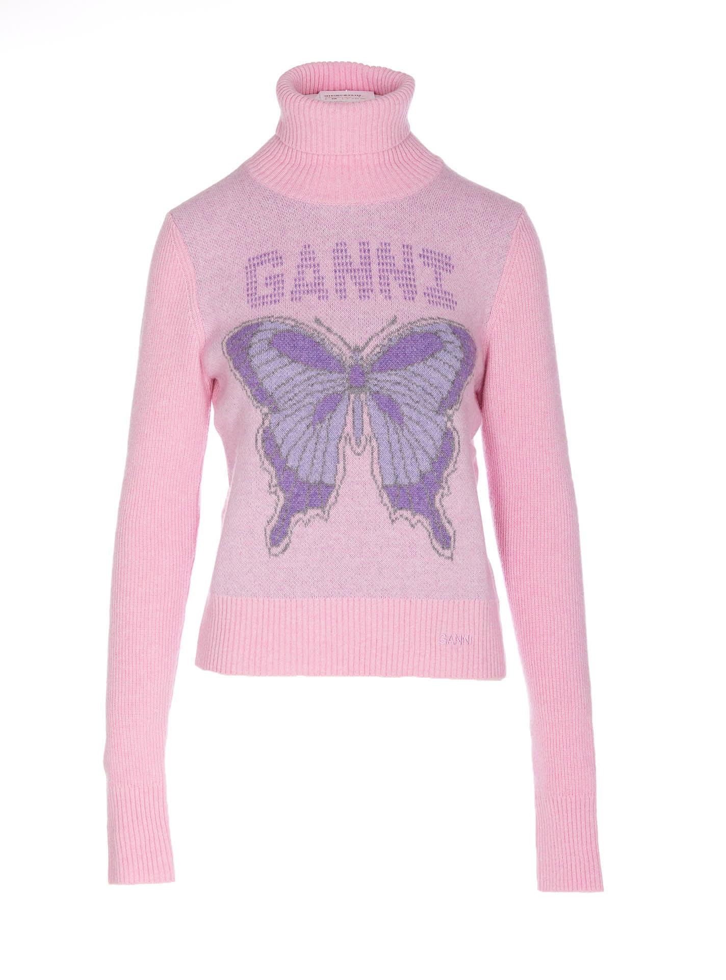 Ganni Logo Butterfly Sweater in Pink | Lyst