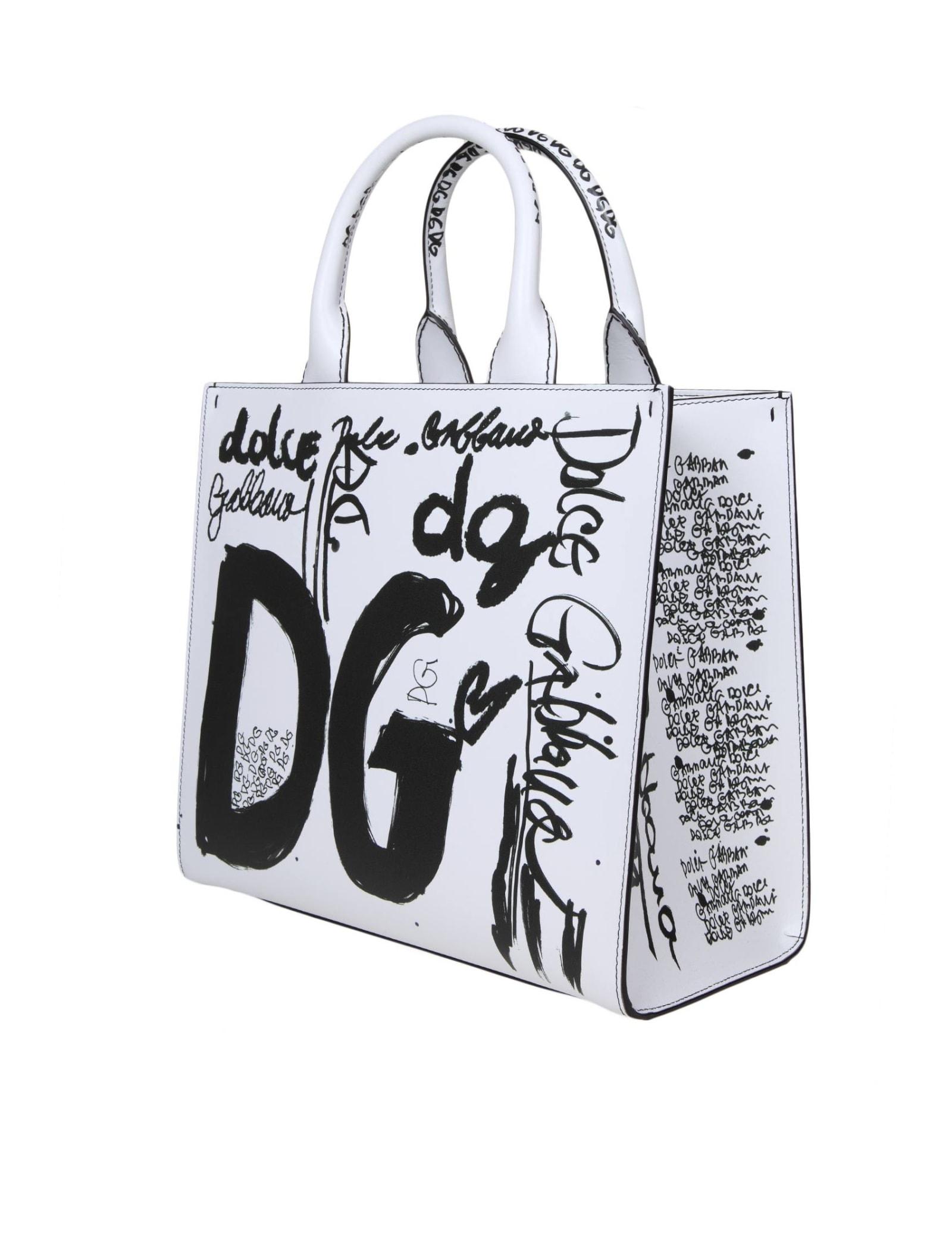 Dolce & Gabbana Leather Tote Bag With Graffiti Print in White | Lyst