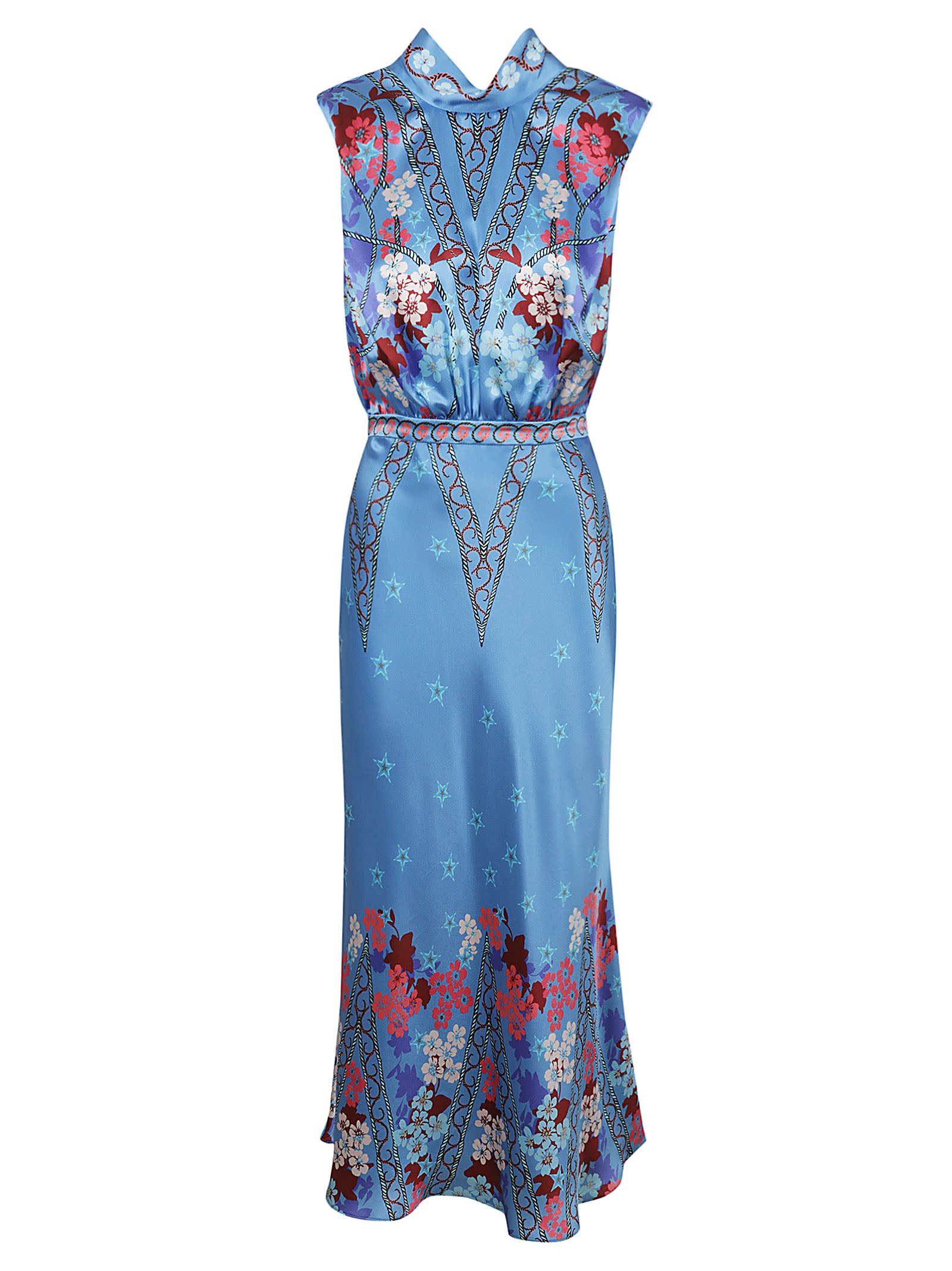 saloni blue silk dress Saloni Sz 6 Silk A-Line Dress tiered puff bell sleeve Blue & MetallicPolka