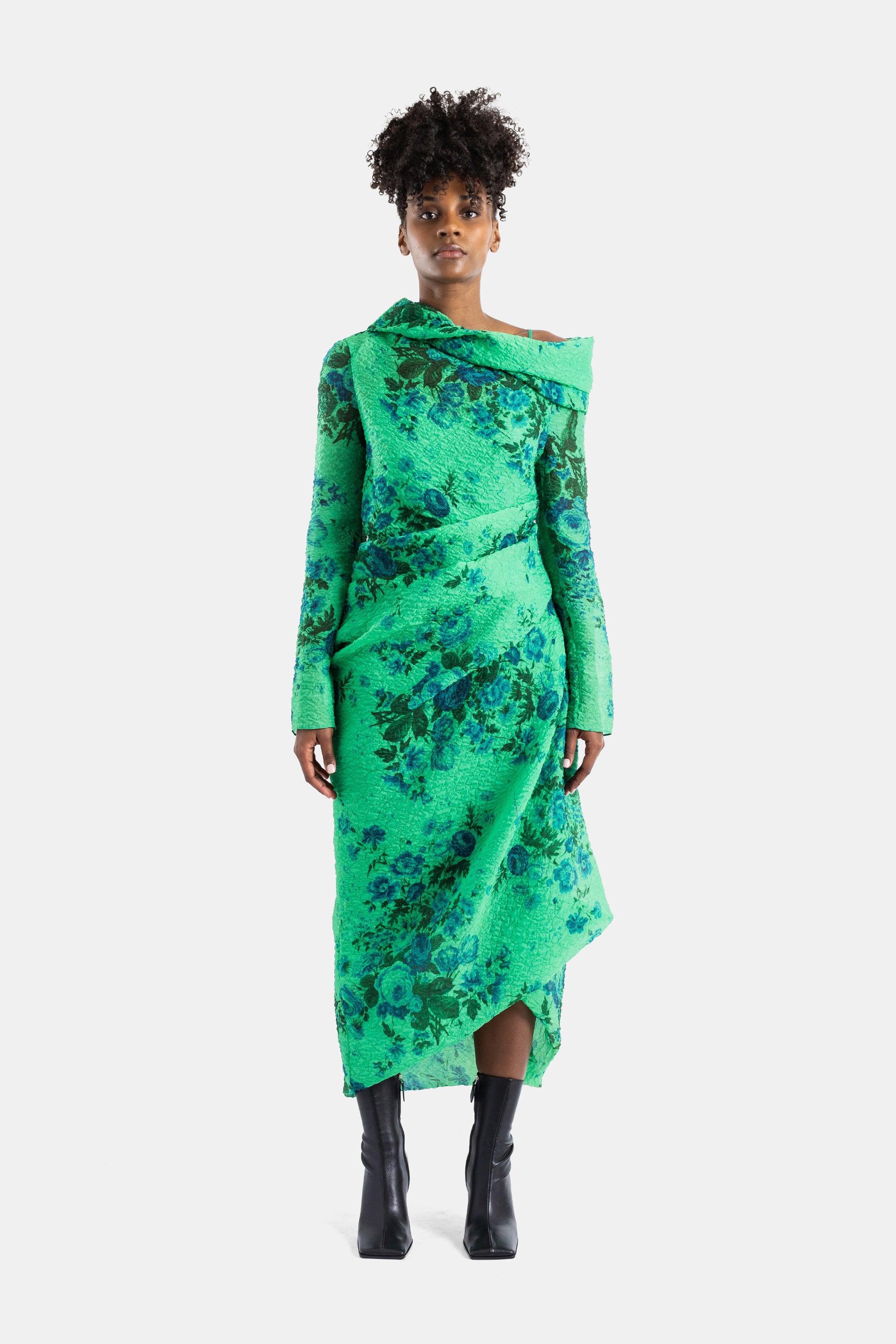 erdem green lace dress Erdem Lace-Up Pleated Printed Dress in Green