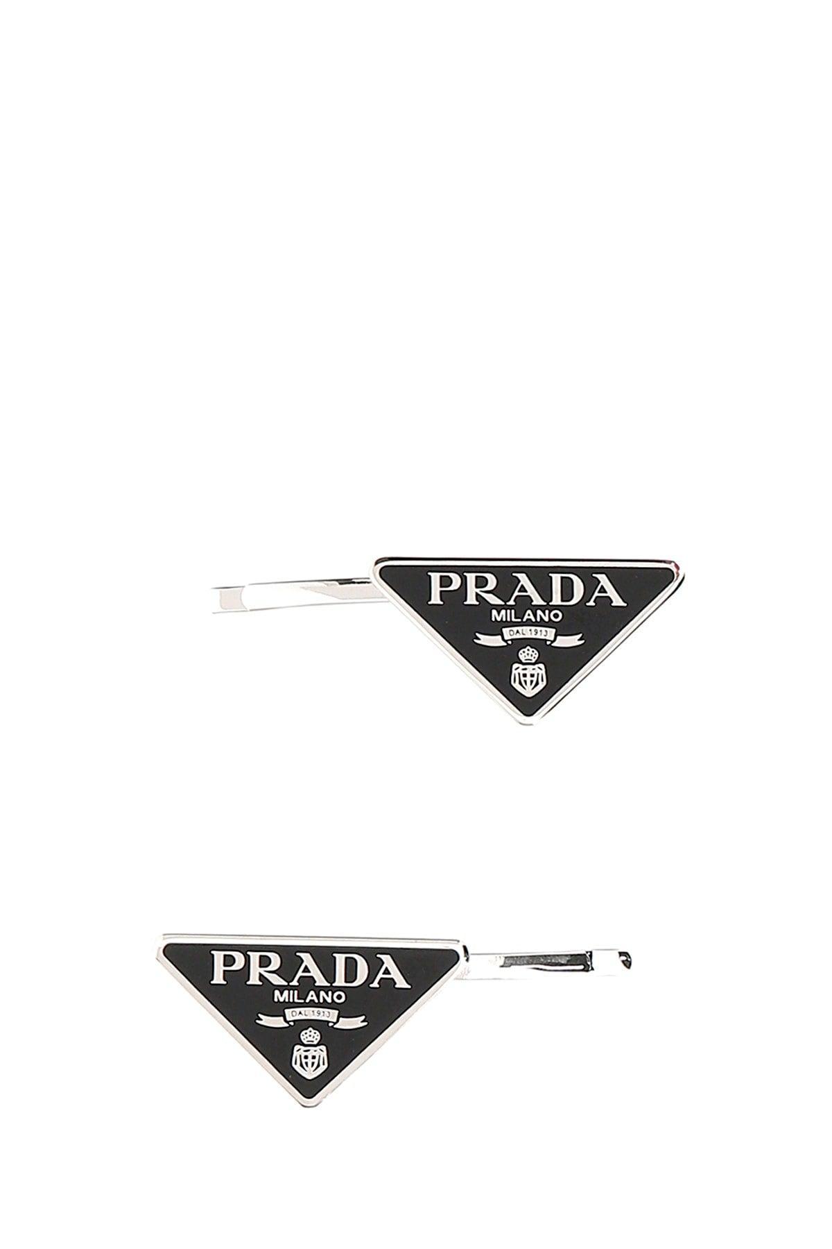 Prada Triangle Logo Hair Clip Set in Black | Lyst