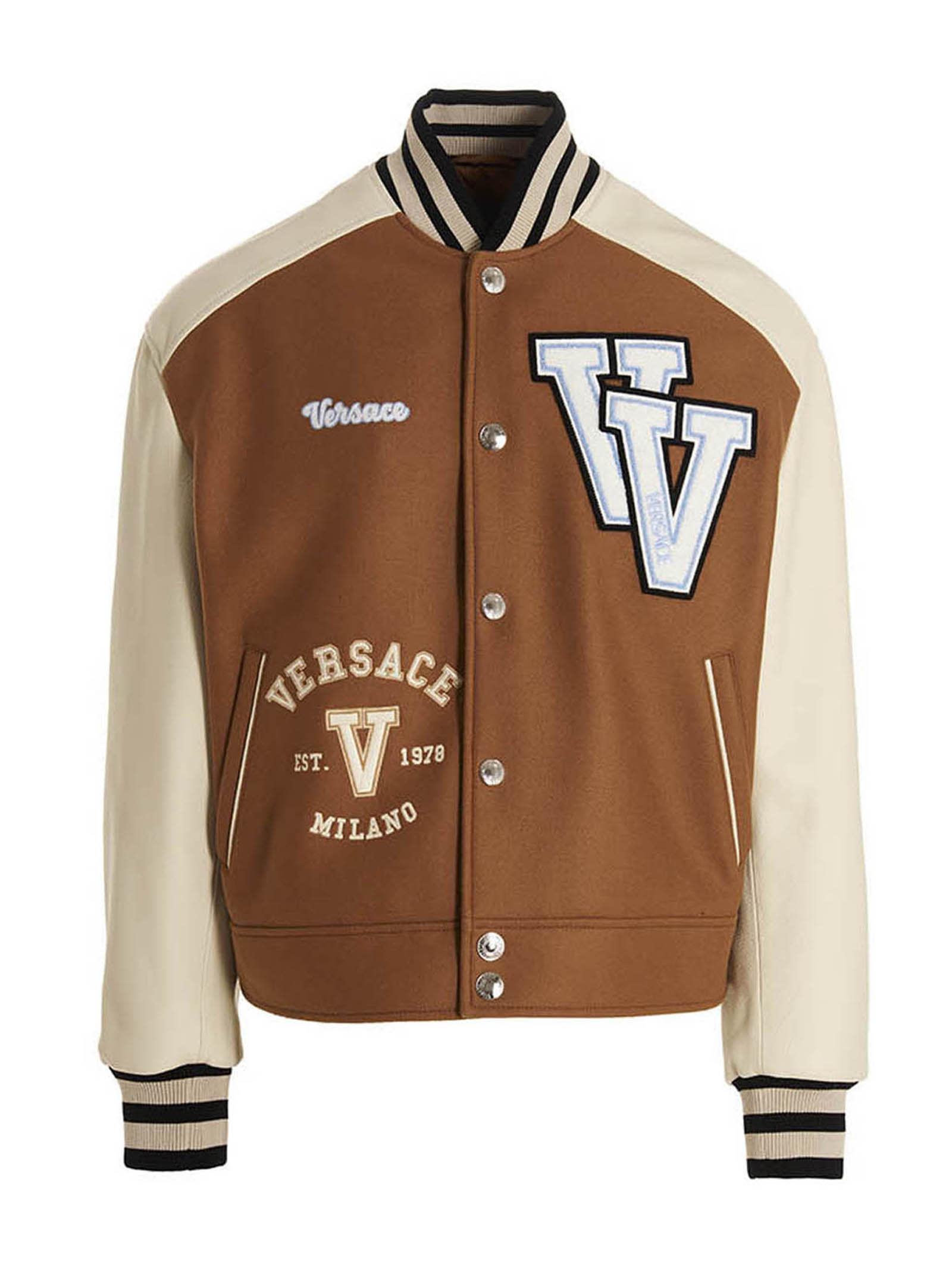 Versace Varsity Logo Patch Jacket in Brown for Men | Lyst