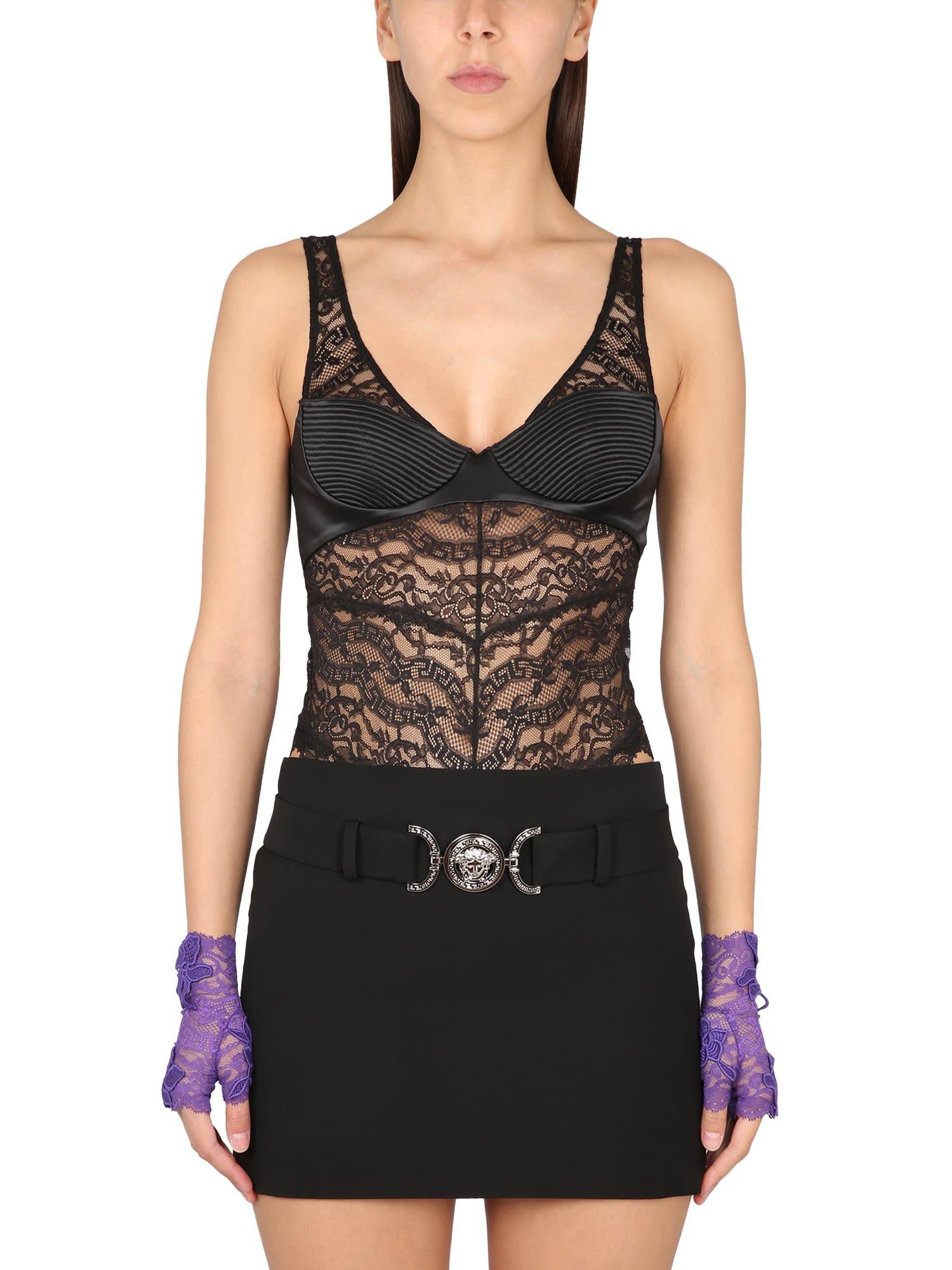 VERSACE Scalloped lace and stretch-satin underwired bodysuit