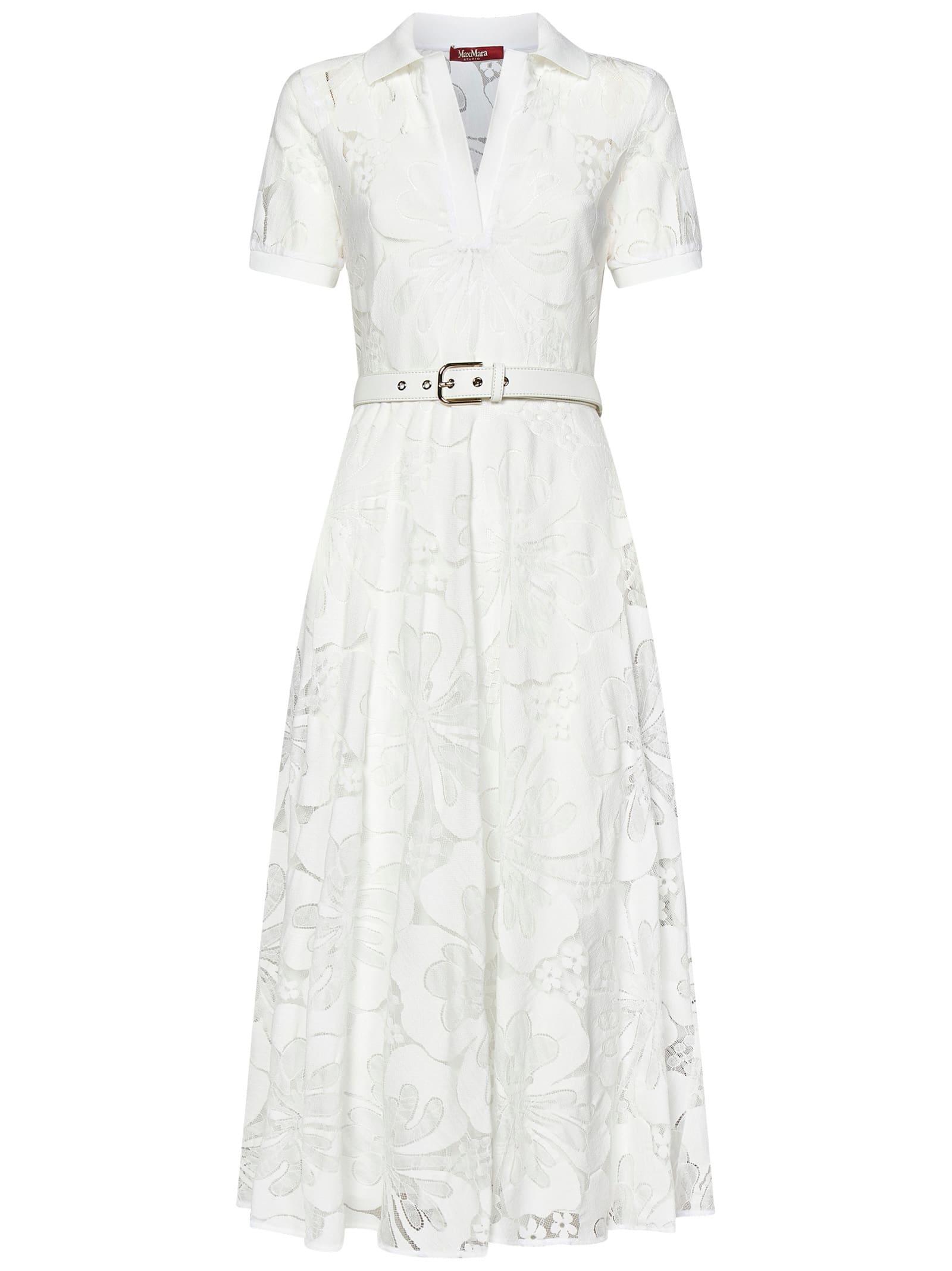 Max Mara Floral Lace Midi Dress With Belt For in White | Lyst