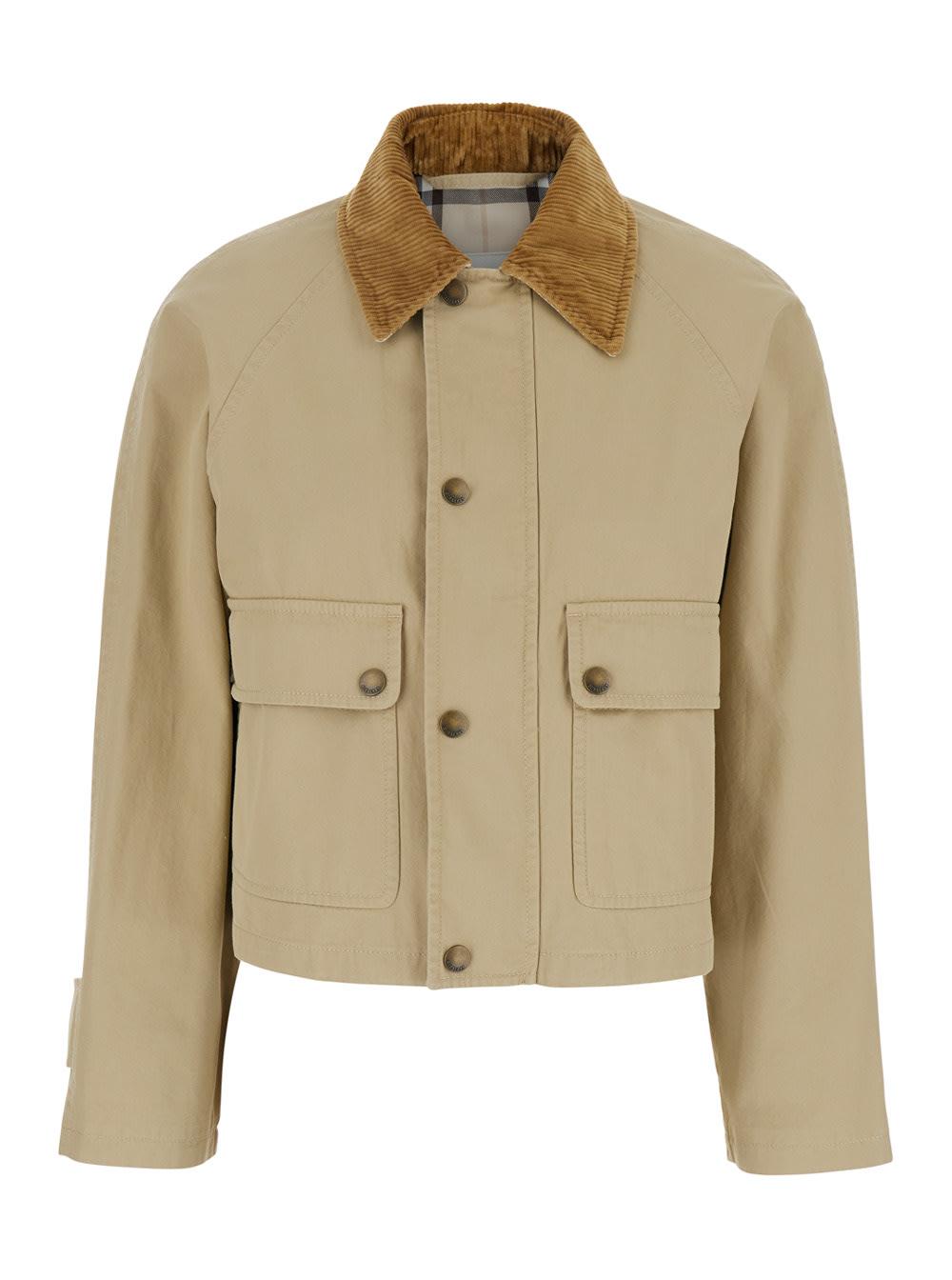 ジャケット Burberry WW SHORT GARMENT WASHED FIELD JACKET Burberry Cropped Jacket With Corduroy Collar in Natural | Lyst