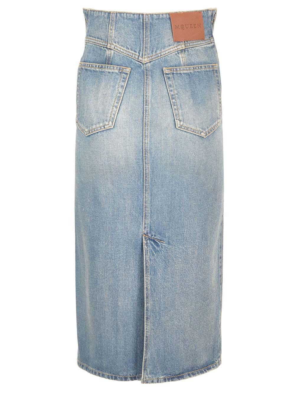スカート Alexander Mcqueen Delave Denim Midi Skirt McQueen Panelled Denim Midi Skirt in Blue | Lyst