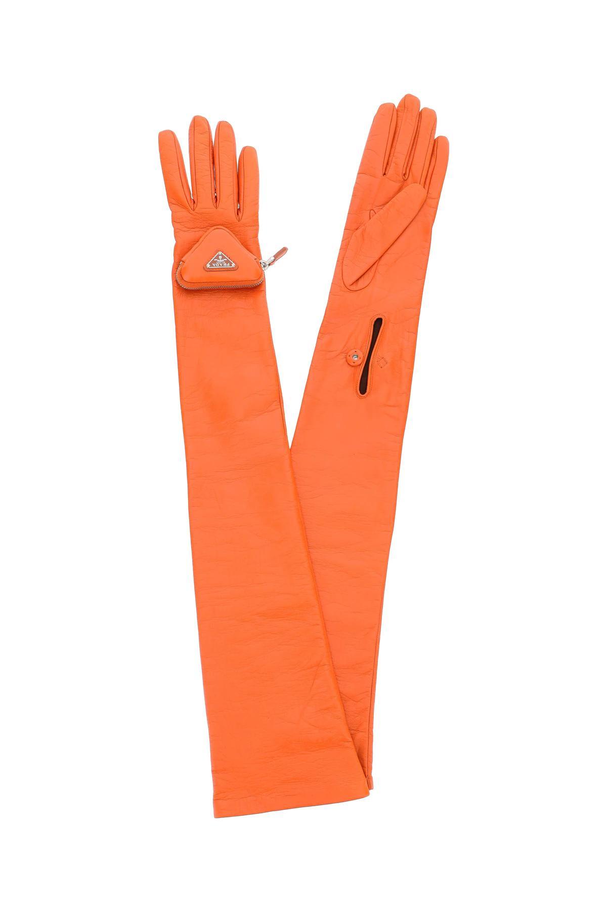 Prada Leather Long Gloves With Pouch in Orange | Lyst