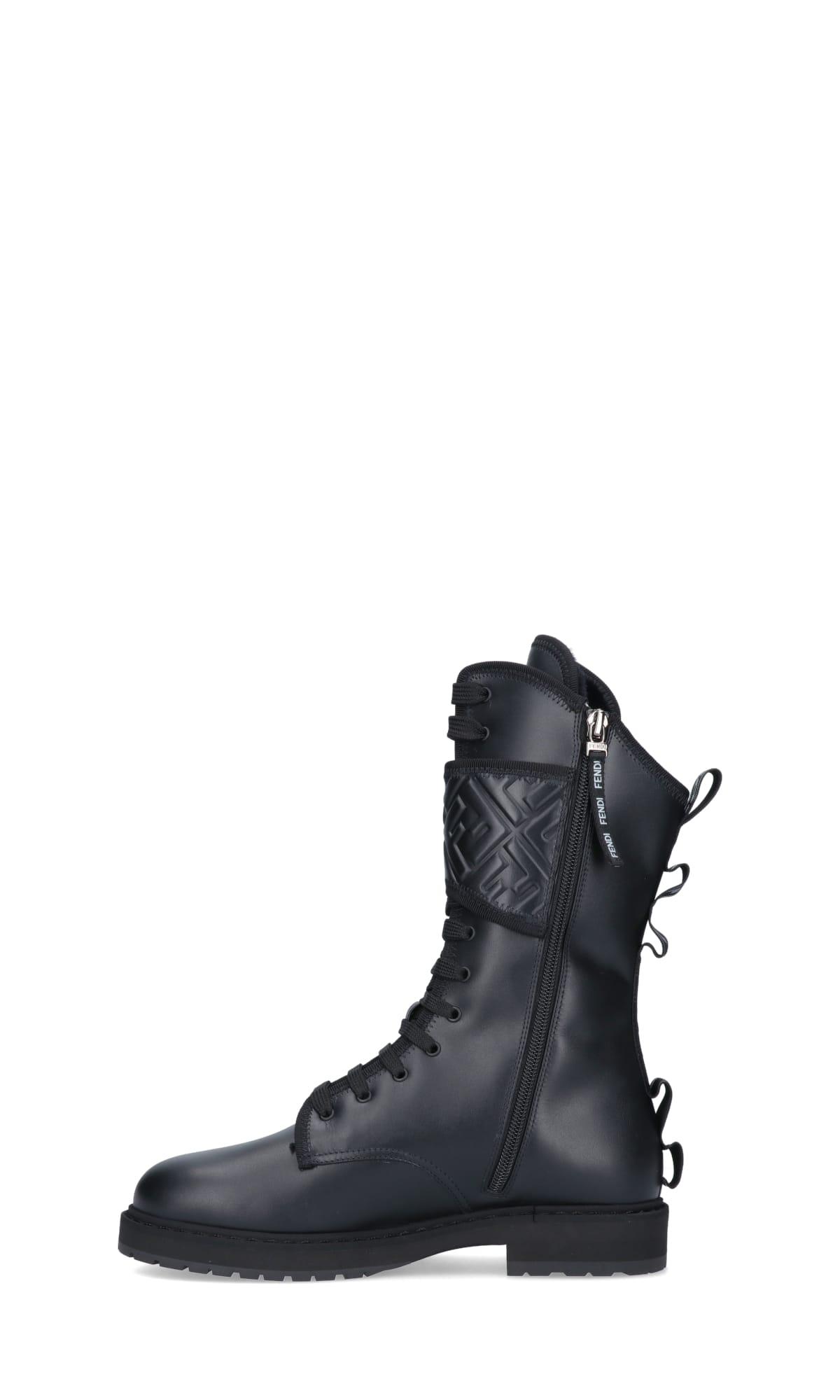 Fendi Logo Plaque Lace-up Biker Boots in Black