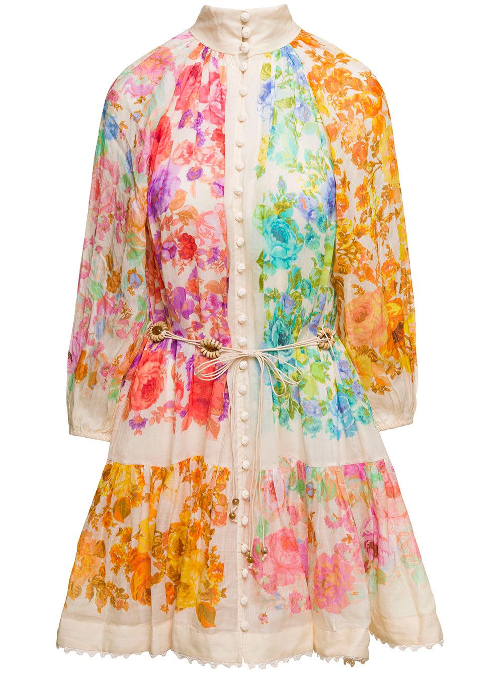 Zimmermann Raie Lantern Mini Multicolor Dress With Floreal Print And ...