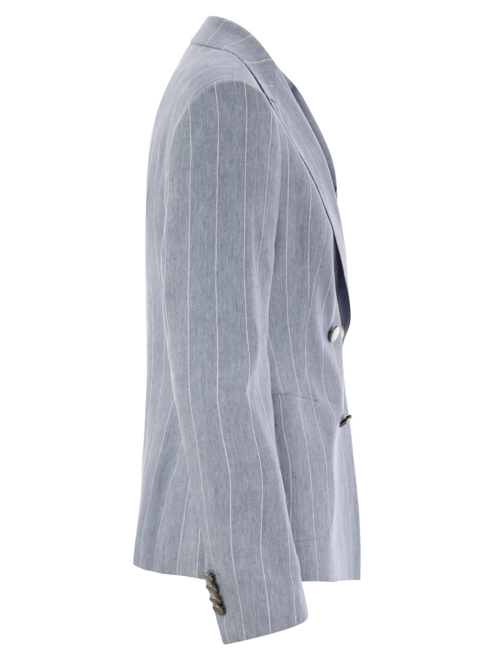 スーツ TAGLIATORE Linen and cotton double-breasted pinstripe blazer Tagliatore Linen And Cotton Double-Breasted Pinstripe Blazer