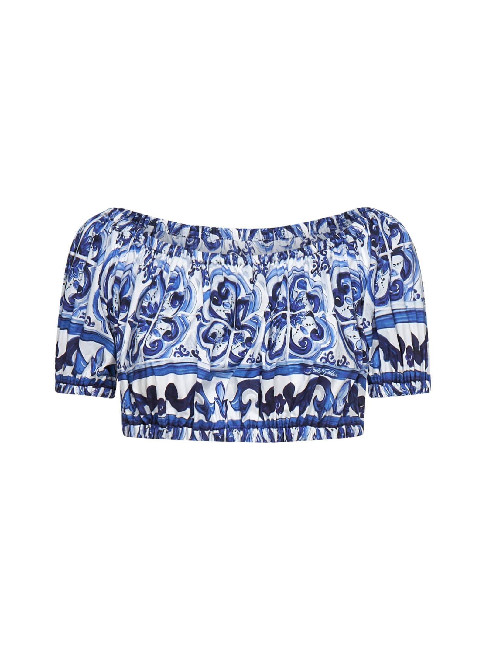 Dolce  Gabbana Majolica Print Cotton Cropped Top in Blue | Lyst