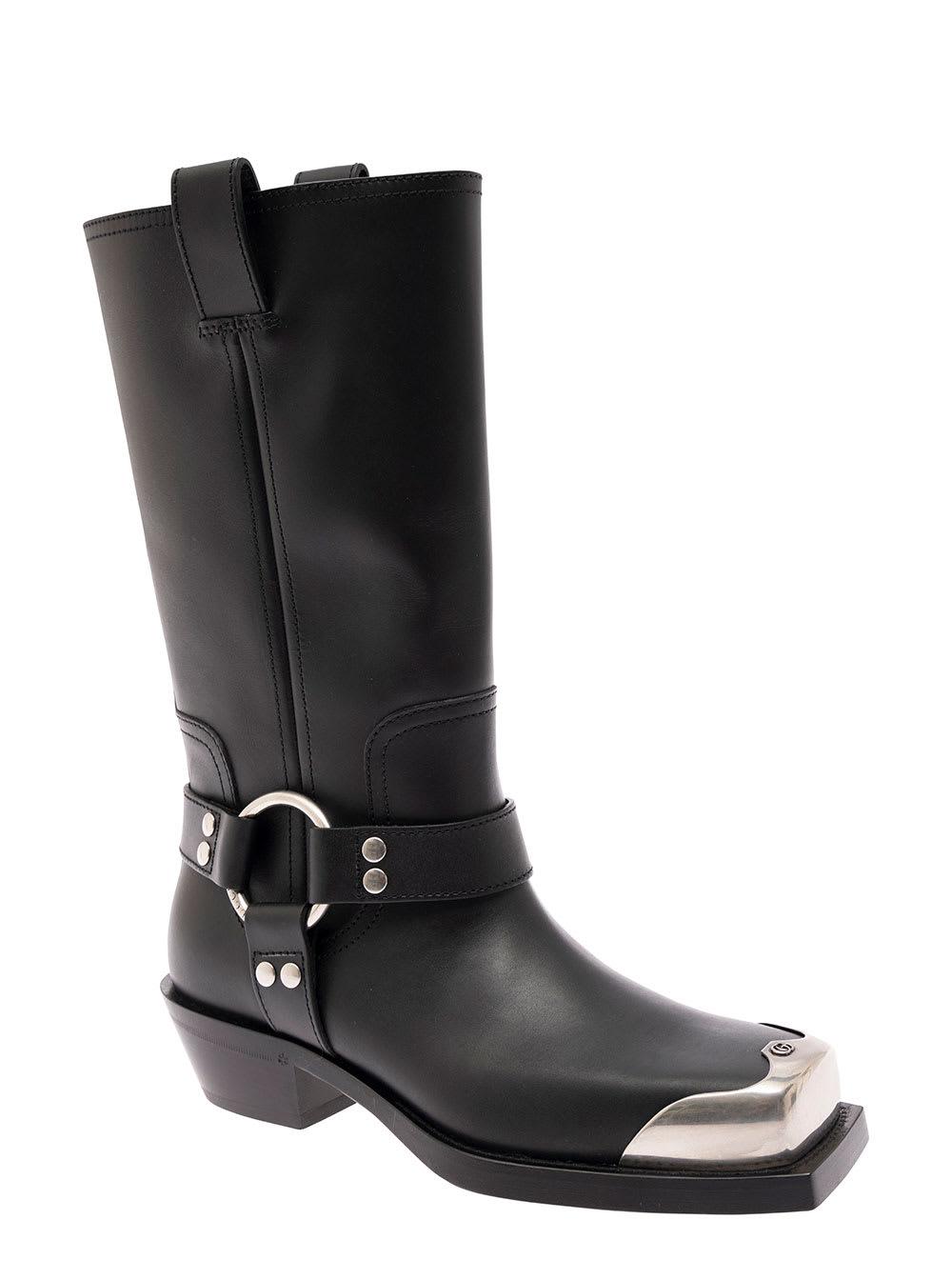 Gucci Black Boots With Metal Square Toe And Harness Detail In 