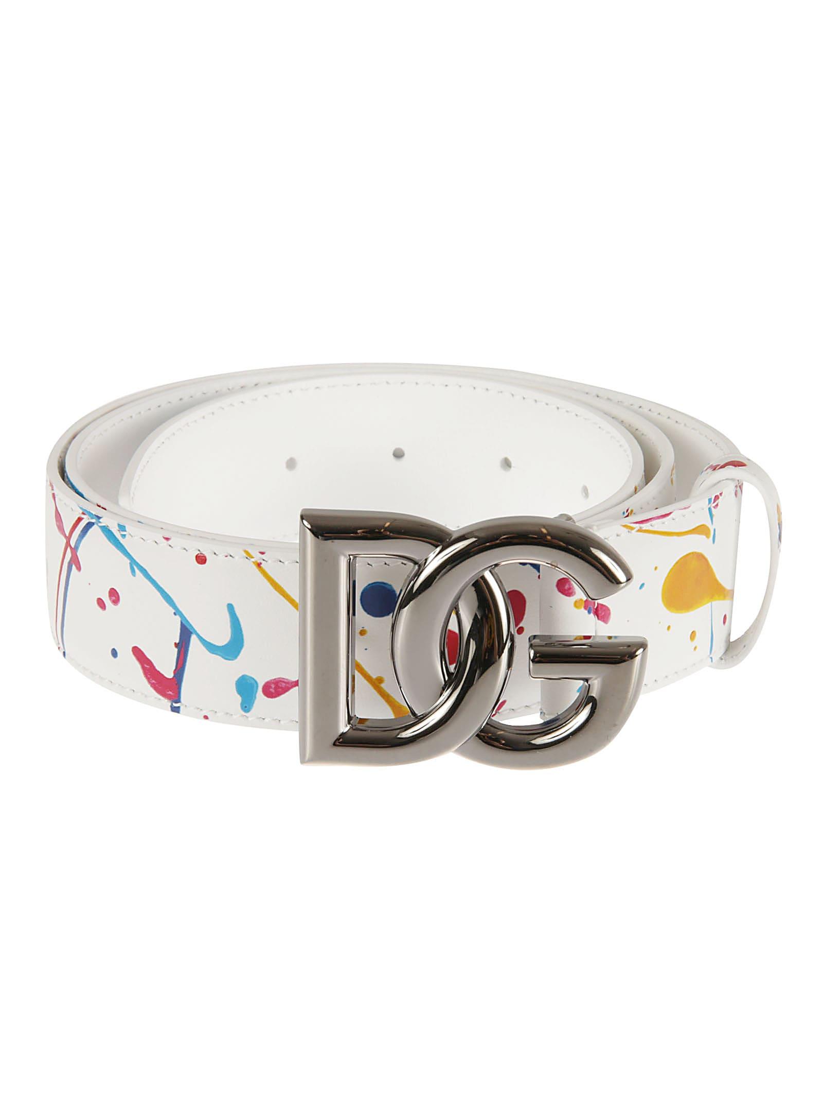 Dolce & Gabbana Paint Splash Logo Buckle Belt in White for Men | Lyst