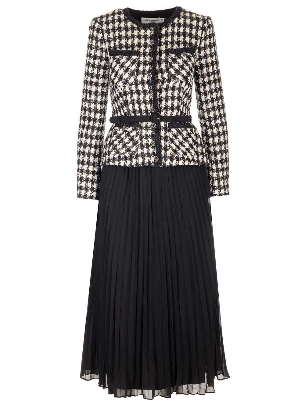 ◆関税込◆【Self-Portrait】Check Boucle Midi Dress Black Check Boucle Chiffon Midi Dress – self-portrait