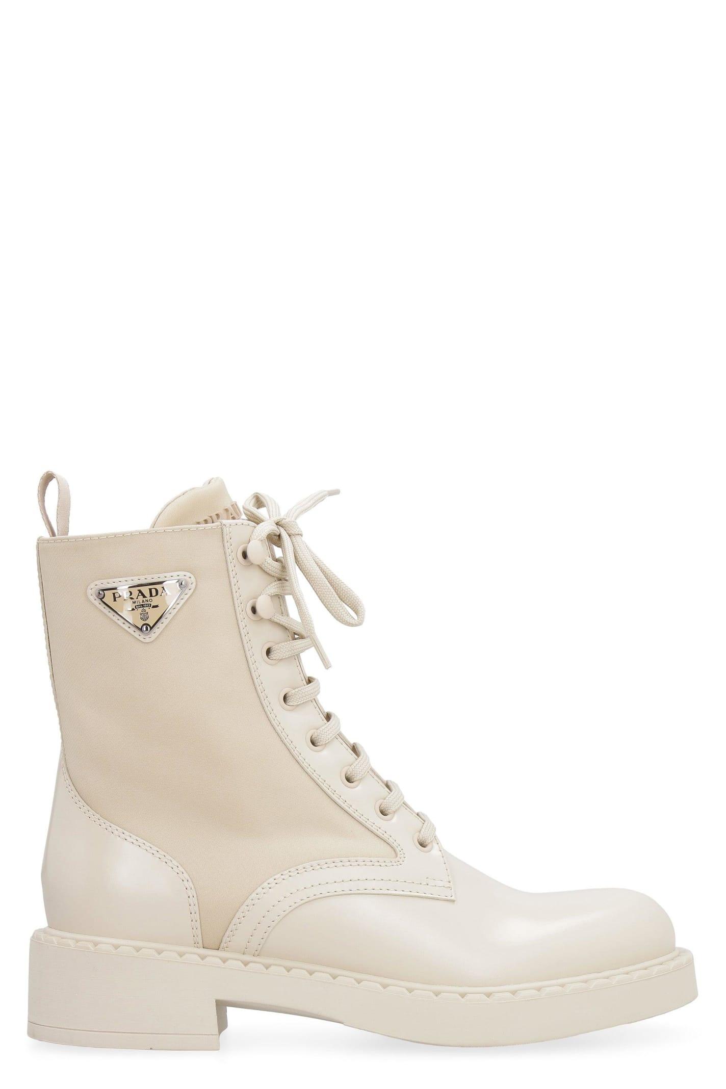 Prada Leather Logo Patch Lace-up Boots 
